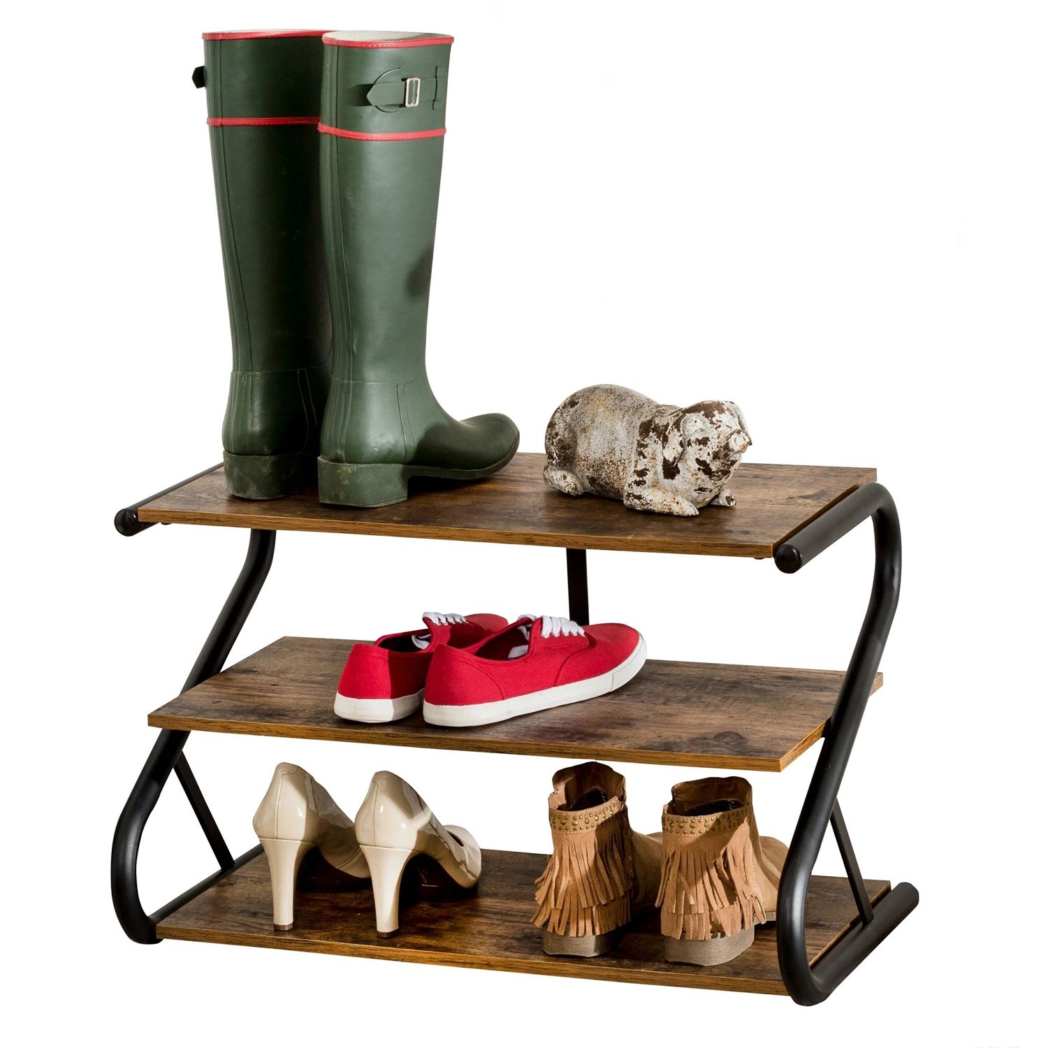 Slickblue - Industrial Z-shaped 3-Tier 9-Pair Brown Black Wood Metal Shoe Rack for Entryways Bedr...