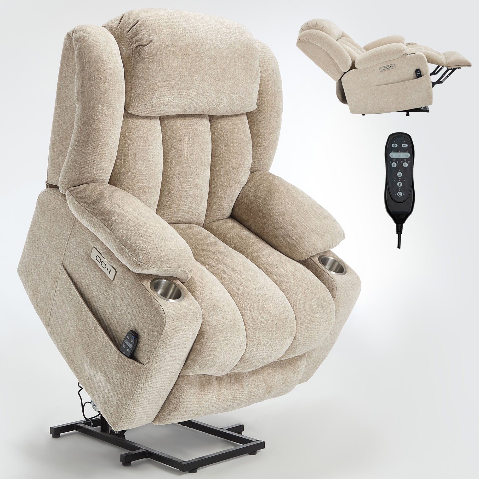 Sumyeg DSG-W49022367 Up to 350 LBS Chenille Power Lift Recliner Chair Beige Chenille Upholstered Powered Reclining Massage chair with Lift Assistance