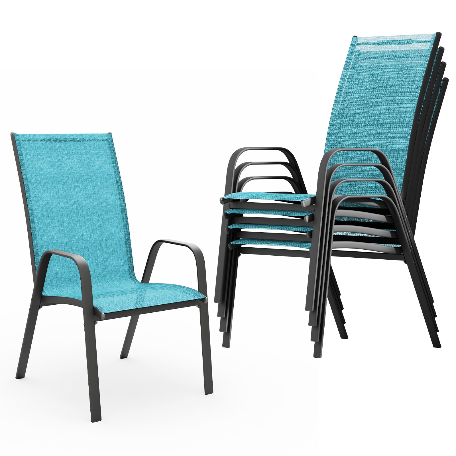 Serwall - Set of 4 Stacking Patio Dining Chairs for Turquiose Textilene Fabric and Metal Frame wi...