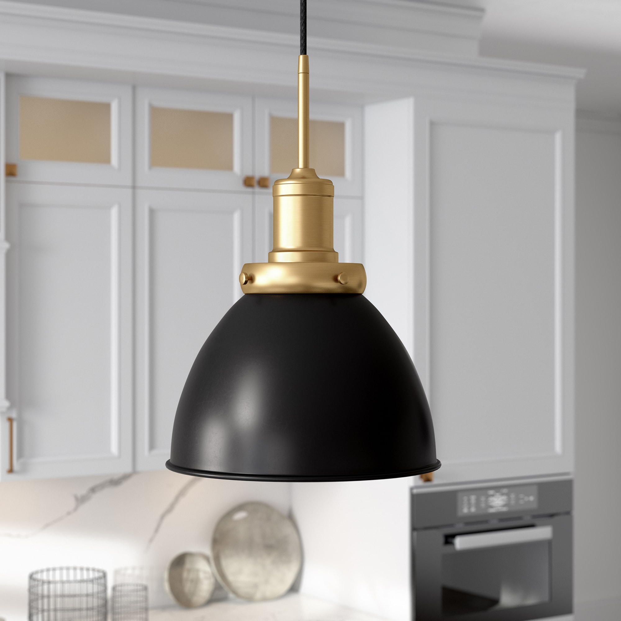 Modern 12" Black Bowl Pendant Light with Satin Nickel Accents