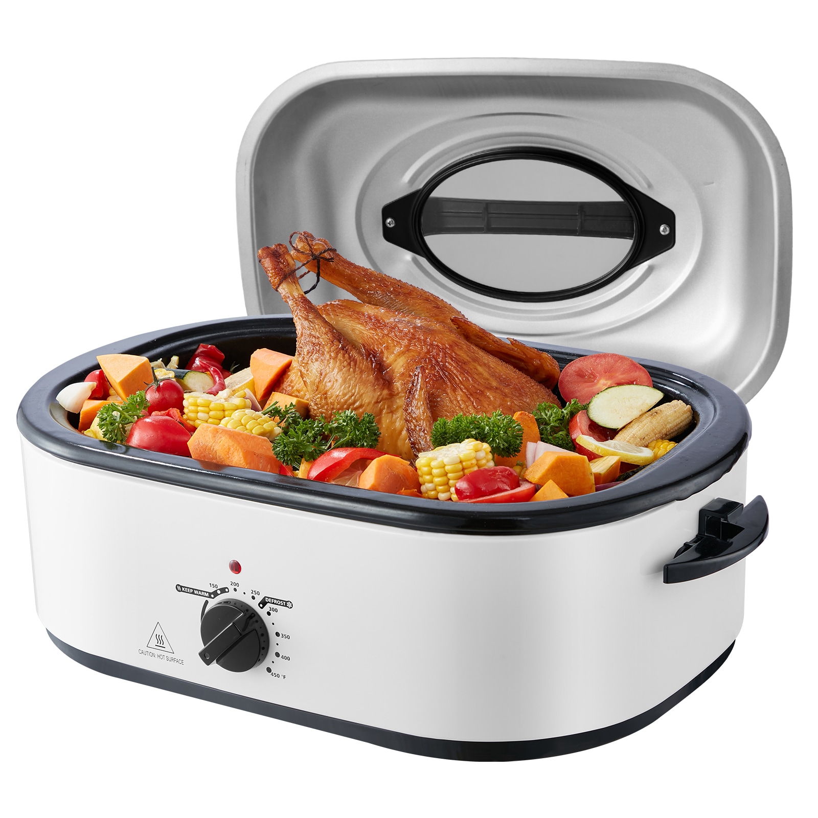 VEVOR SCKJL22QTBSJ07957V1 Electric Roaster Oven  22 QT Turkey Roaster Oven with Self-Basting Lid  1450W Roaster Oven with Defrost and Warm Function  Adjustable Temp  Removable Pan and Rack  Fits Turkeys Up to 26LBS  White