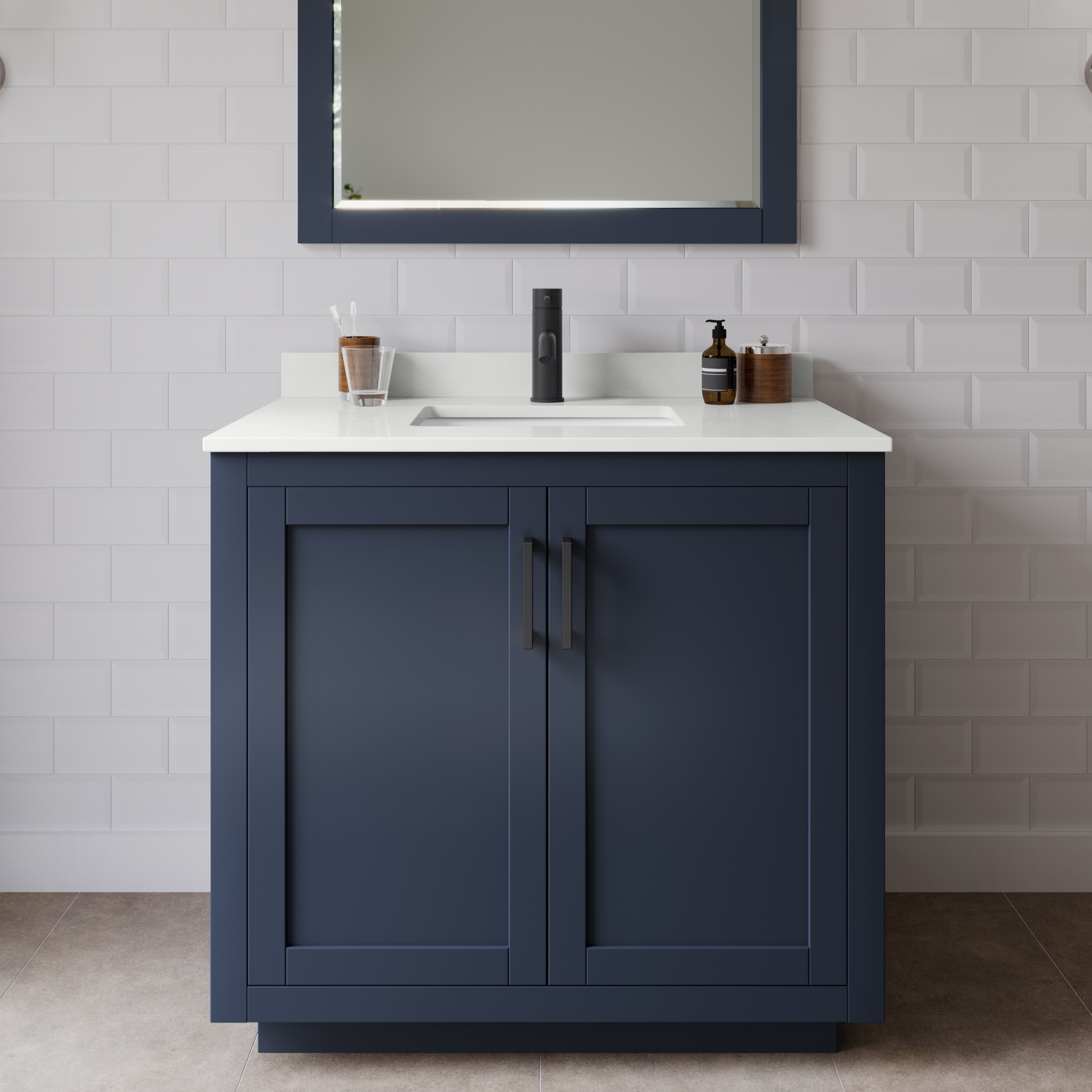 Wyndham Collection WCF292936SBBWQUNSMXX Miranda 36-in Dark Blue Undermount Single Sink Bathroom Vanity with White Quartz Top
