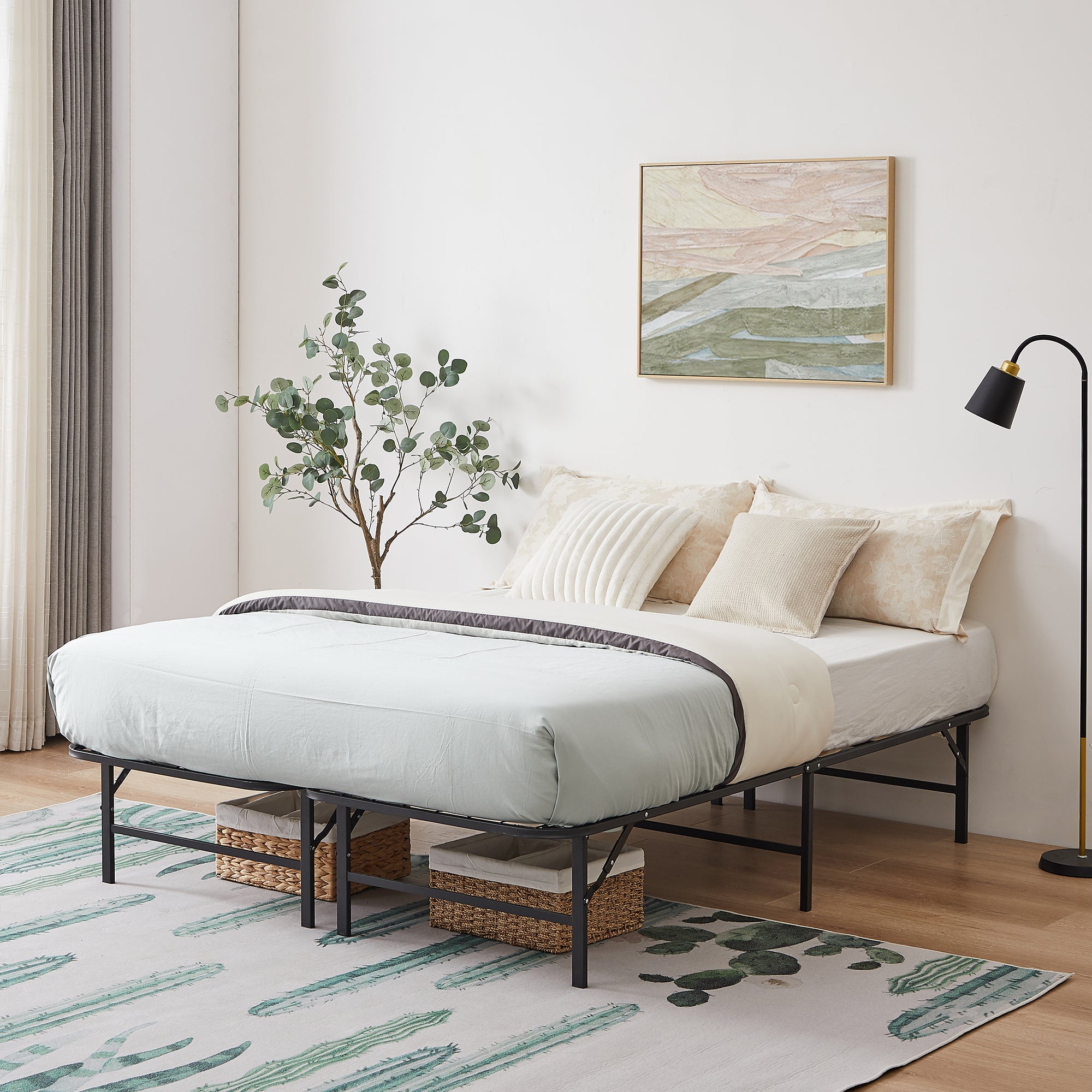 Vecelo LOE-Q42-BLK Foldable Queen Size Bed Frame Folding Simple Metalbed Frame 14 inch High Folding Bed Underbed Storage No Tools Required