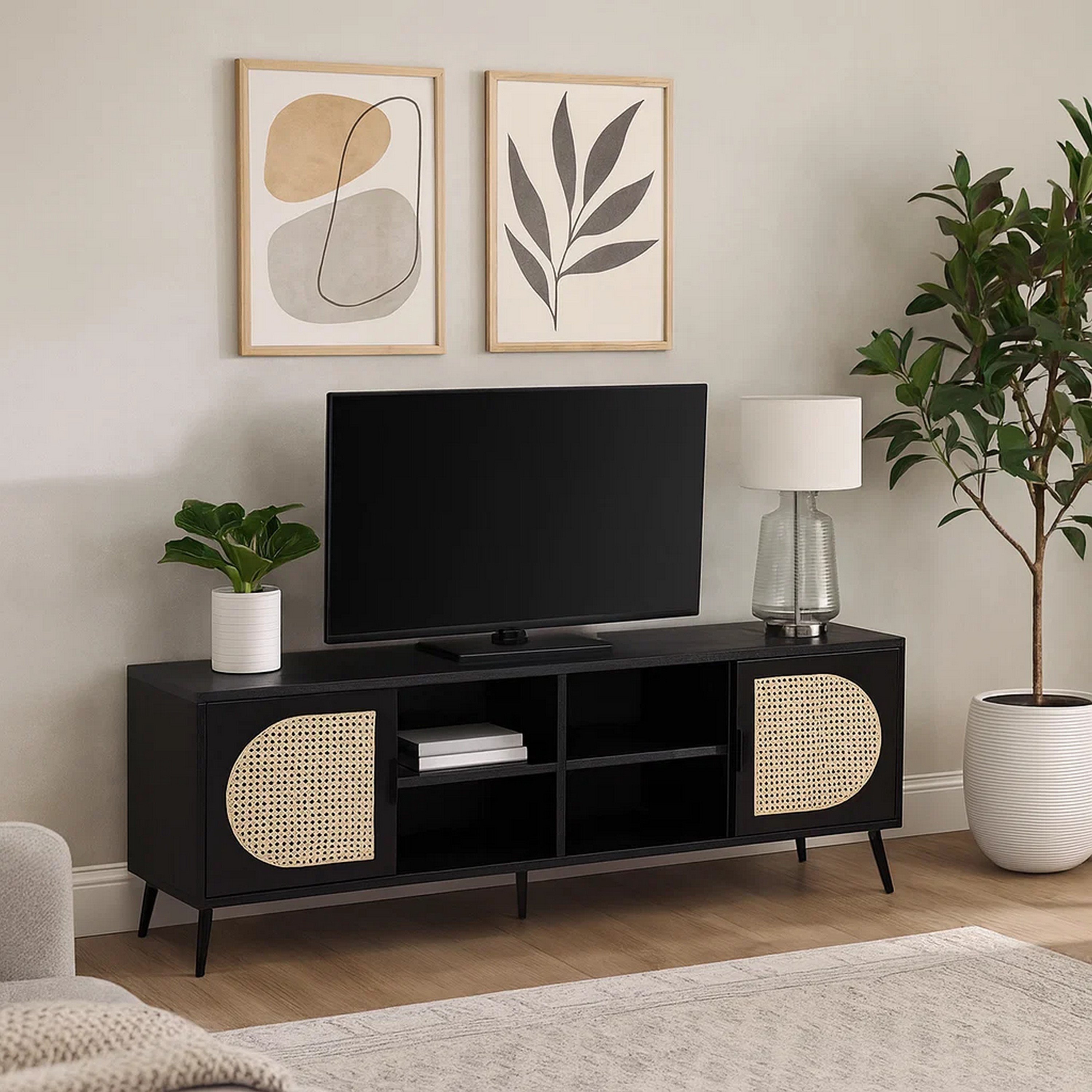 Benzara - Black TV Stand 60 in Entertainment Center with Rattan Front 2 Cabinet and Metal Legs Fi...