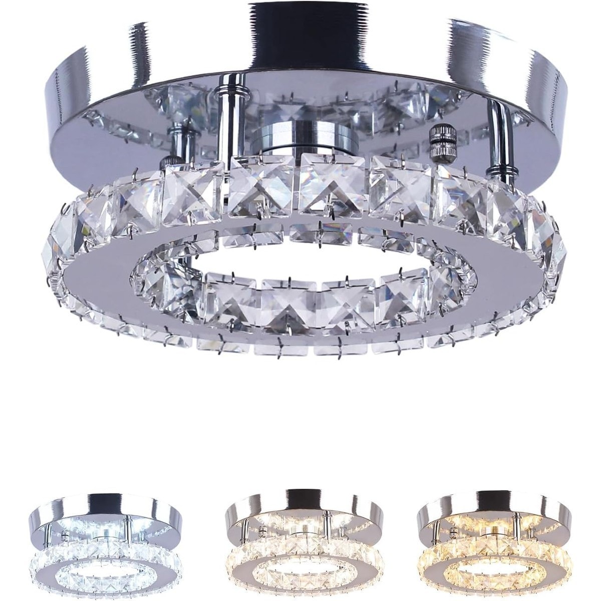 Jokupey  Round Multi-colored Mini Crystal Flush Mount Ceiling Light LED 3CCT 7.9 Inch with 3 Adjustable Color Temperatures for Hallway Bedroom Bathroom Kitchen and Entryway