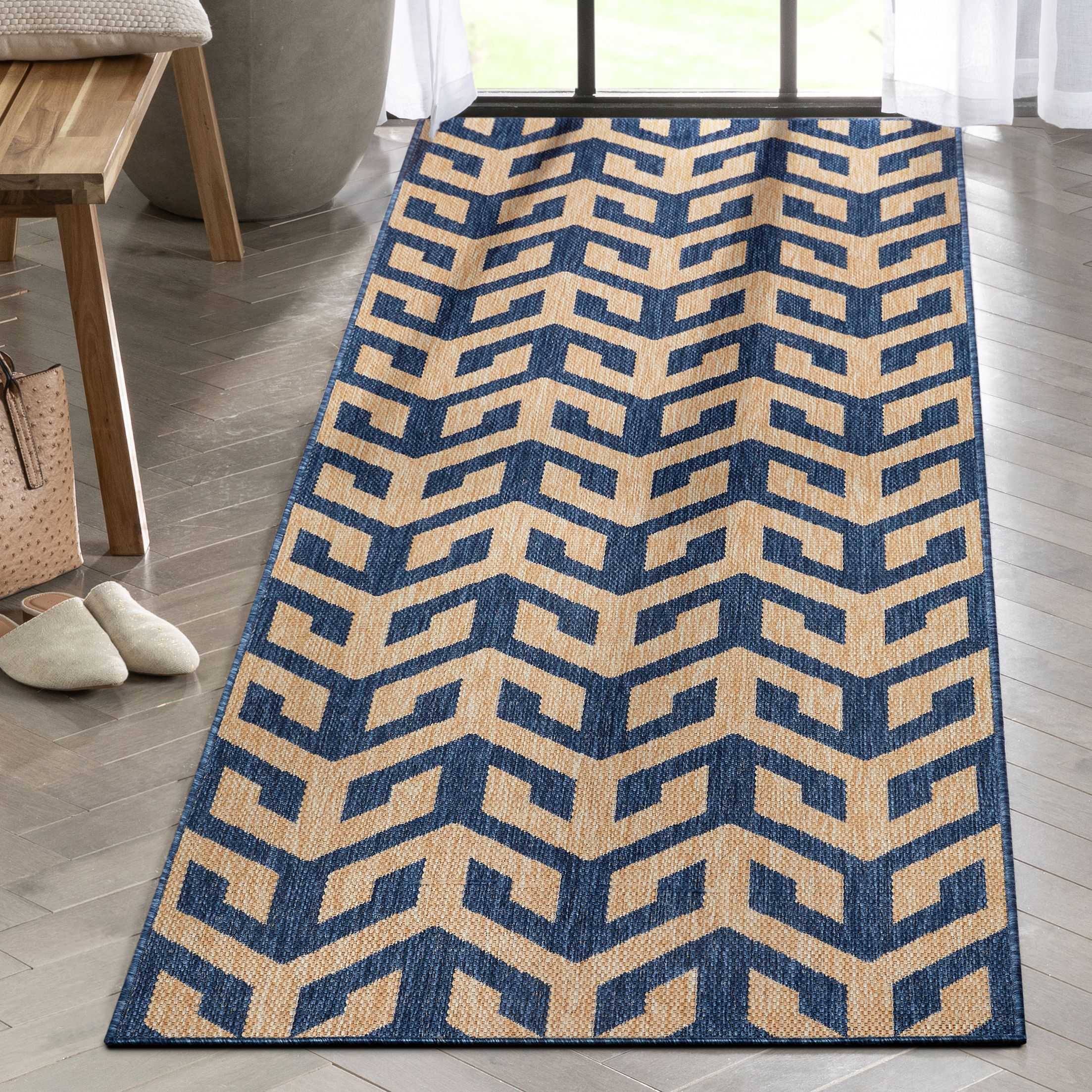Well Woven MED-214-2L 2 x 9 (ft) Flatweave Polypropylene Blue Rectangular Indoor/Outdoor Abstract Mid-Century Modern Runner rug