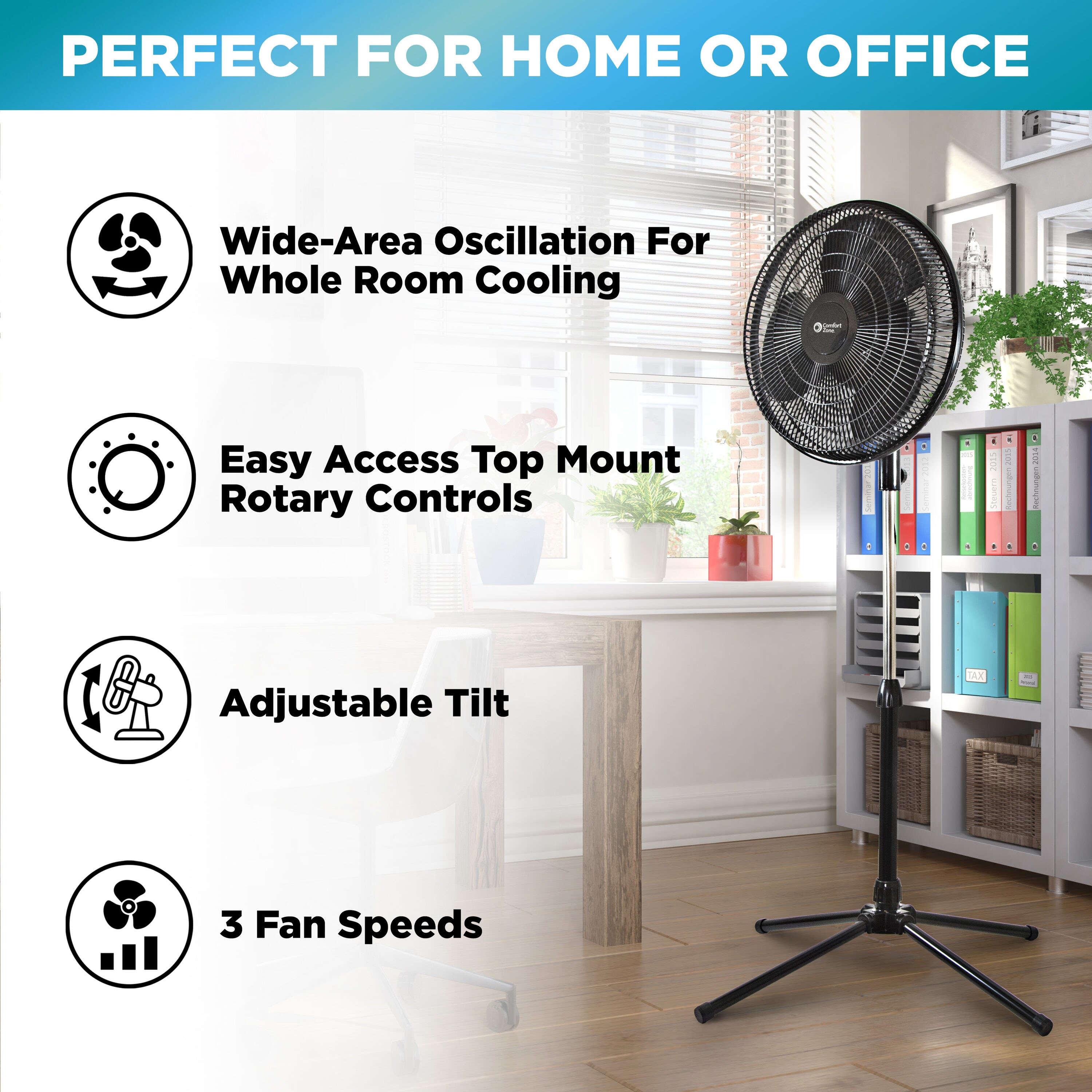 Comfort Zone 16-in 120-Volt 3-Speed Indoor Black Oscillating Pedestal ...