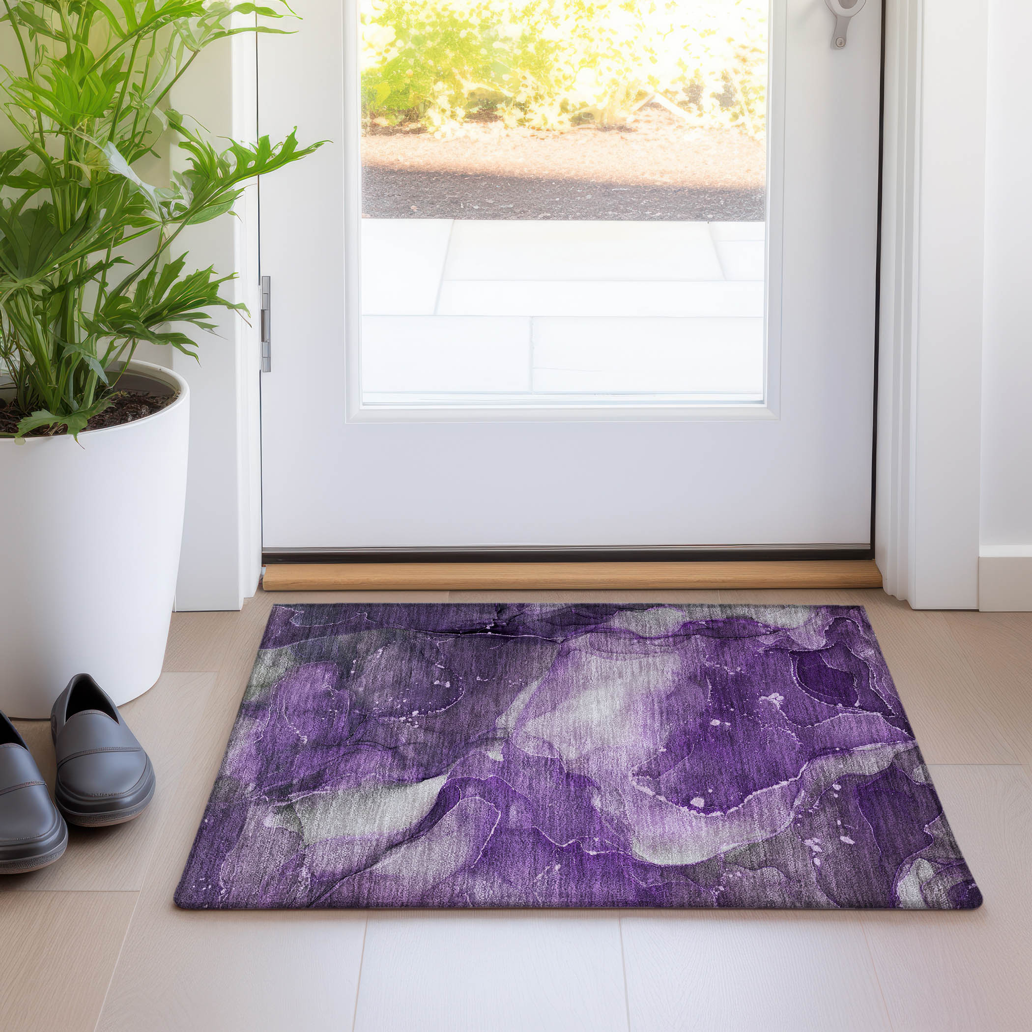 Purple Watercolor Patterned Machine Washable Synthetic Area Rug