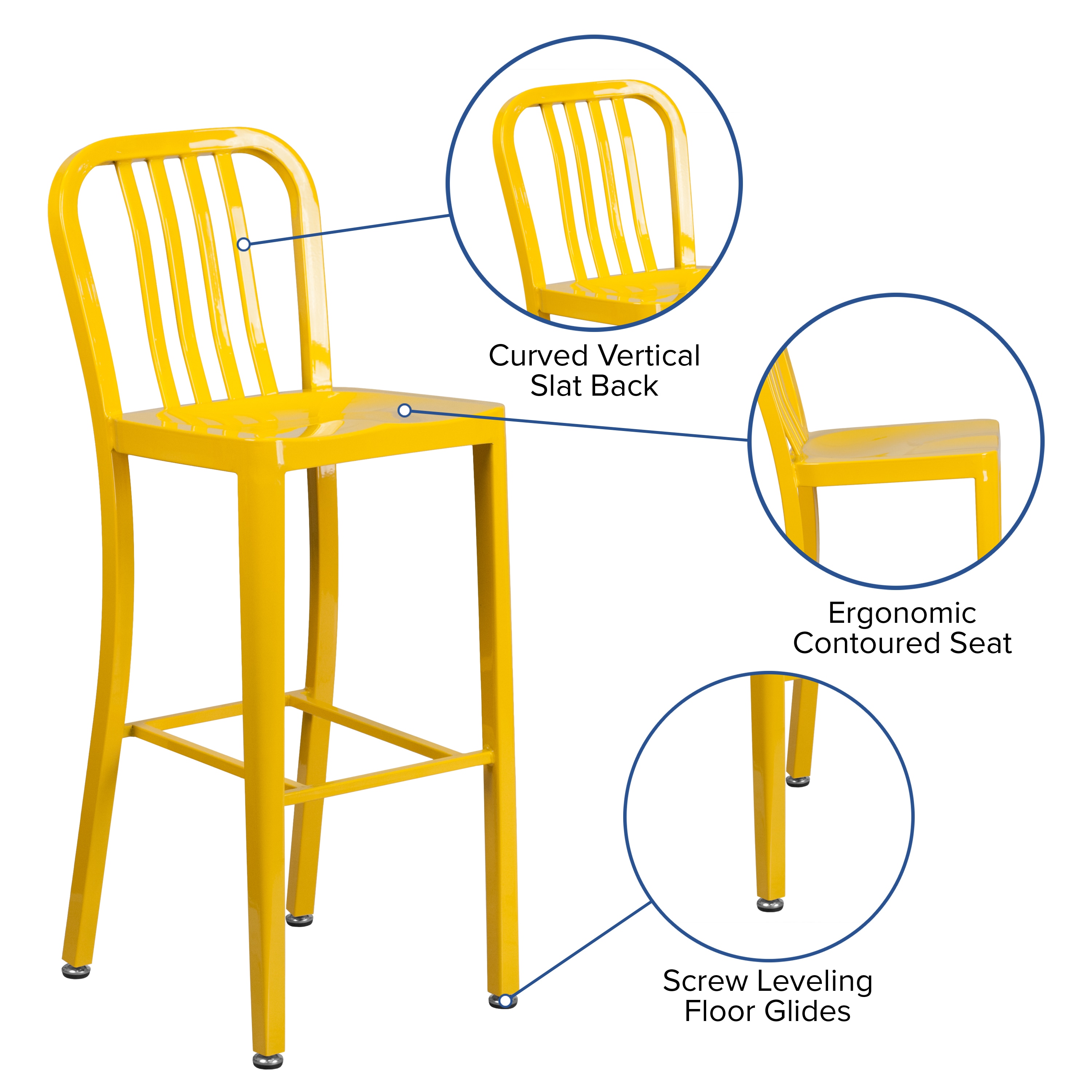 30'' Yellow Metal Indoor-Outdoor Barstool with Slat Back