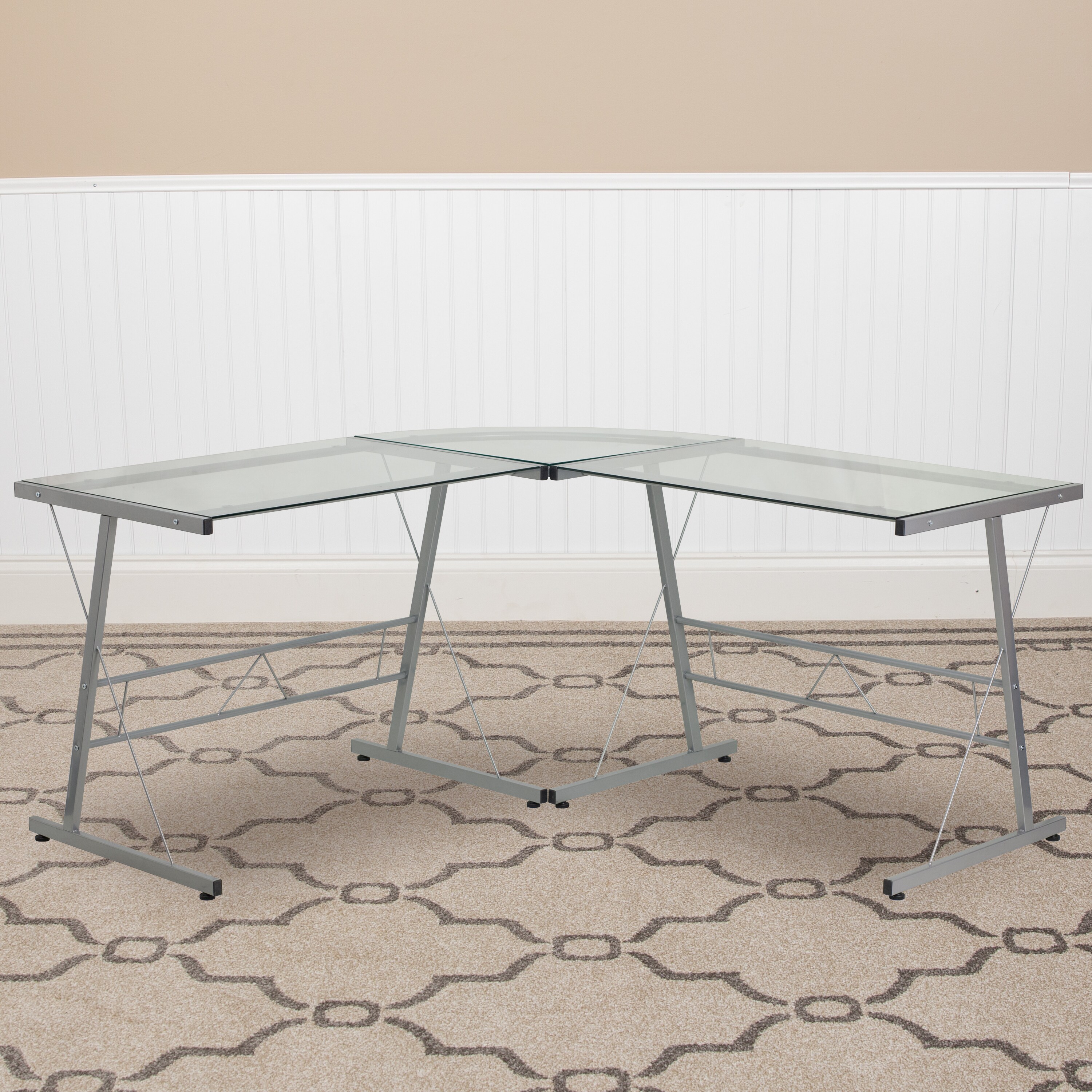 Sleek Silver Metal Frame L-Shaped Corner Desk with Clear Glass Top