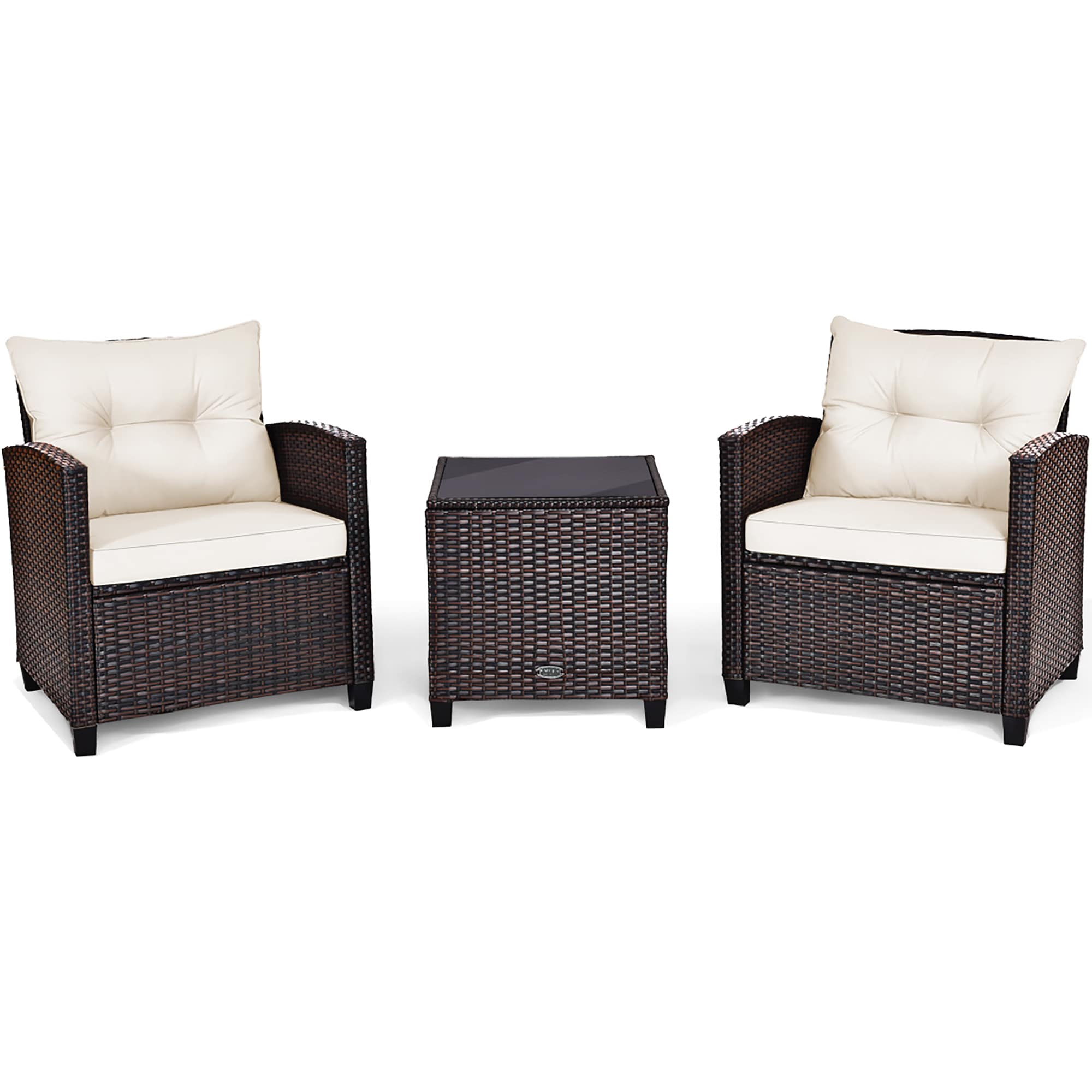 Forclover ALSM-A17WH 3 -Piece Rattan Patio Conversation Set with White Cushions