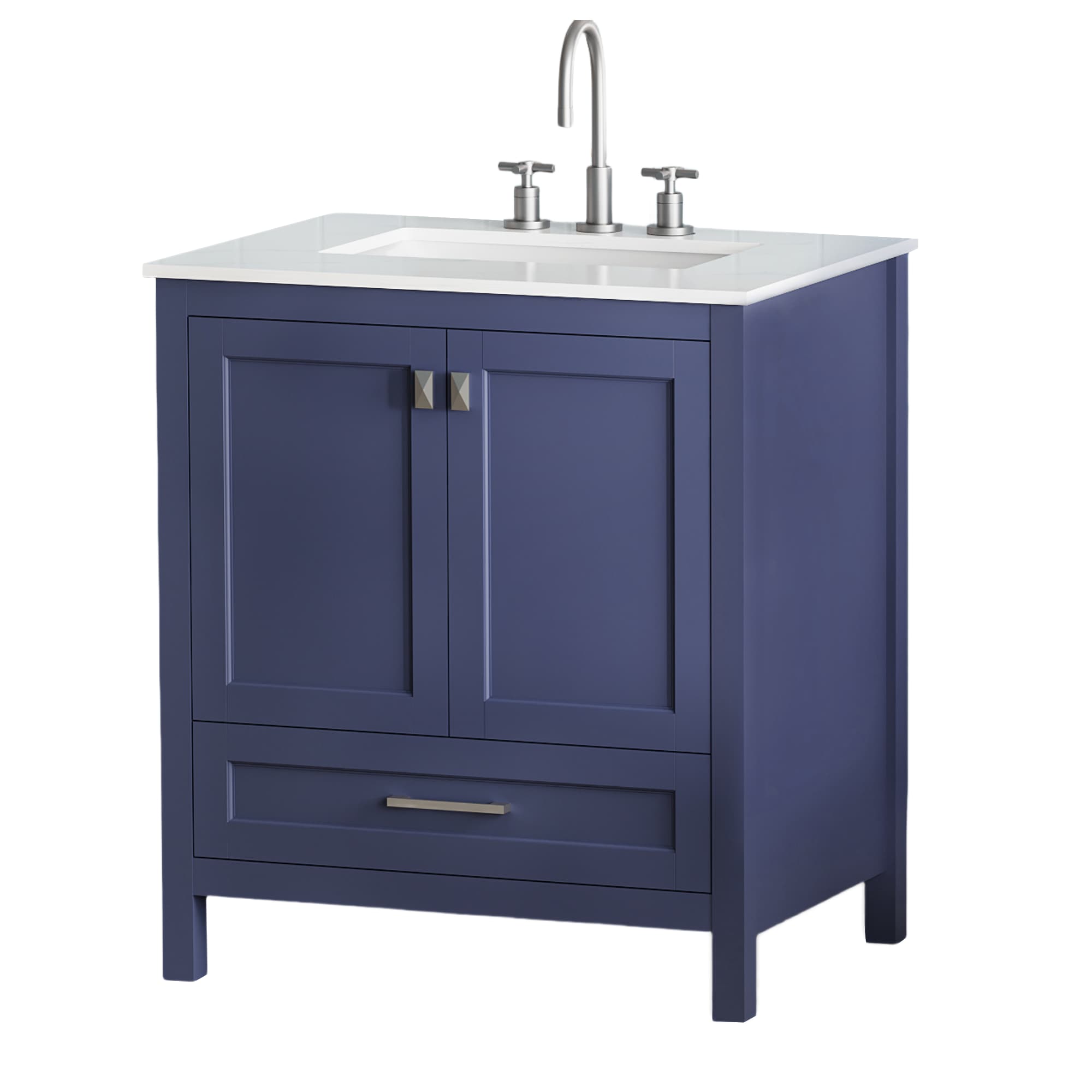 Tatayosi T3P237849 30 Inch Freestanding Bathroom Vanity with Sink Carrara Engineered Marble Vanity Top with Under mounted Rectangular Ceramic Sink Large Storage Soft Close Door Solid Wood Frame Navy Blue