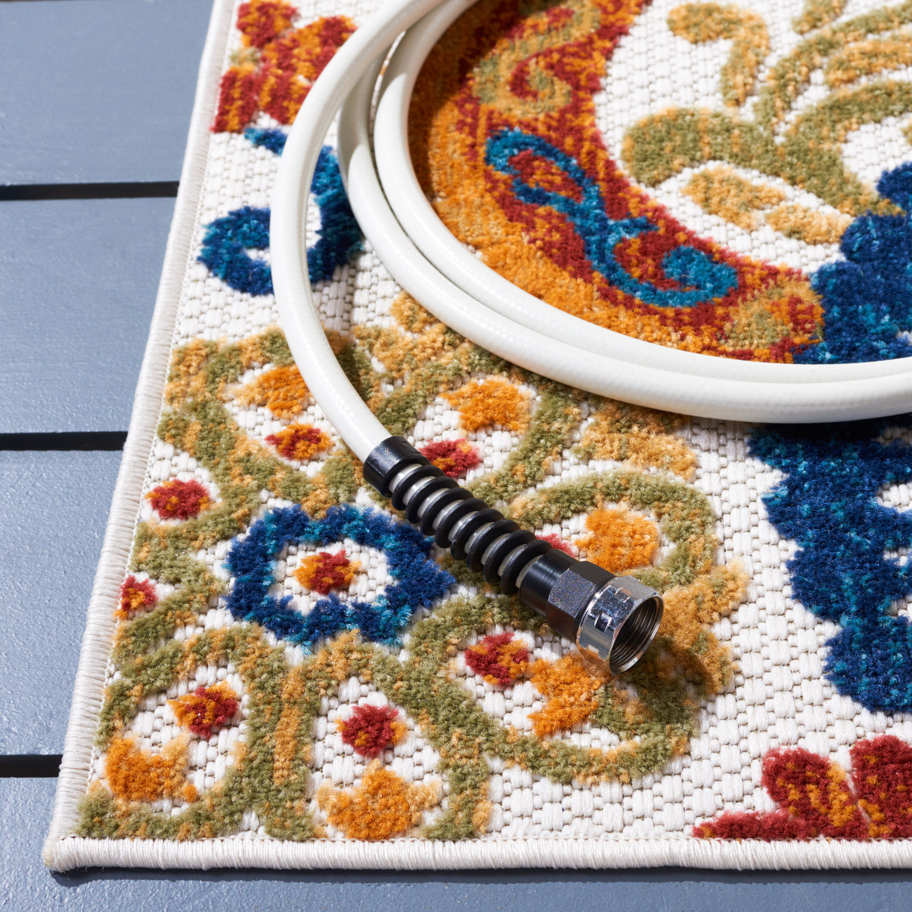 Cabana Cream and Navy Floral Square Area Rug