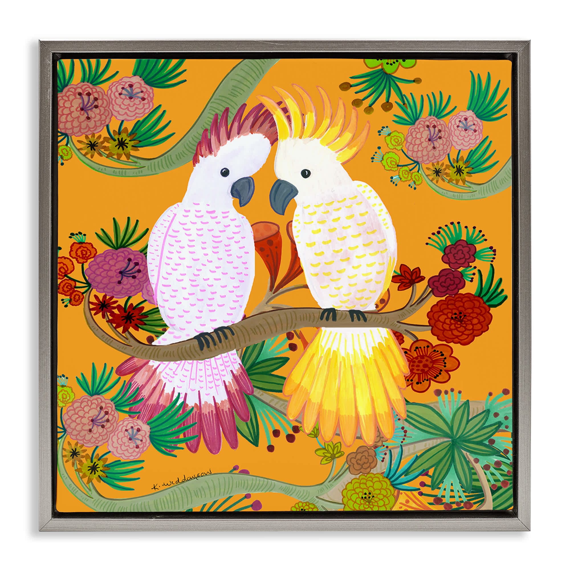 Stupell Industries BS-614-FFL-24X24 Bright Cockatoos and Foliage Gray Framed Floater Canvas Wall Art By Kay Widdowson 25 x 25