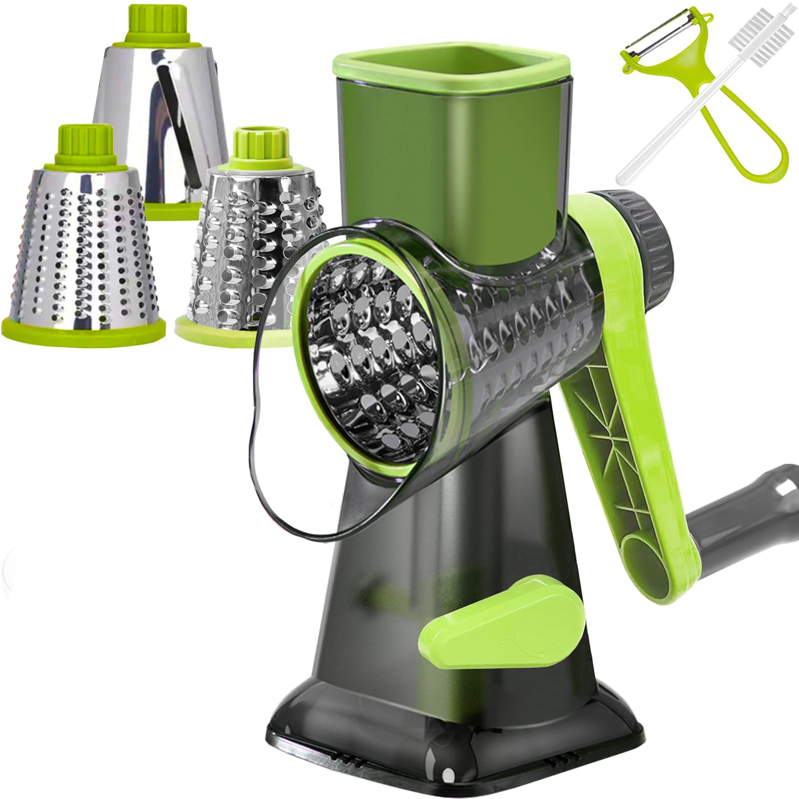Etokfoks  Green Rotary Cheese Grater with Suction Base Multi Purpose Blades for Shredding Grating Slicing and Brush
