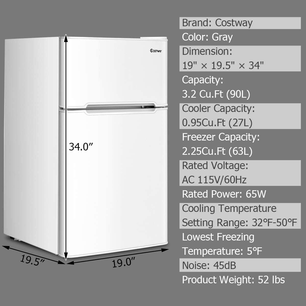 Costway 3.2 Cu.Ft. Compact Refrigerator Mini Dorm Small Fridge Freezer  Reversible Door