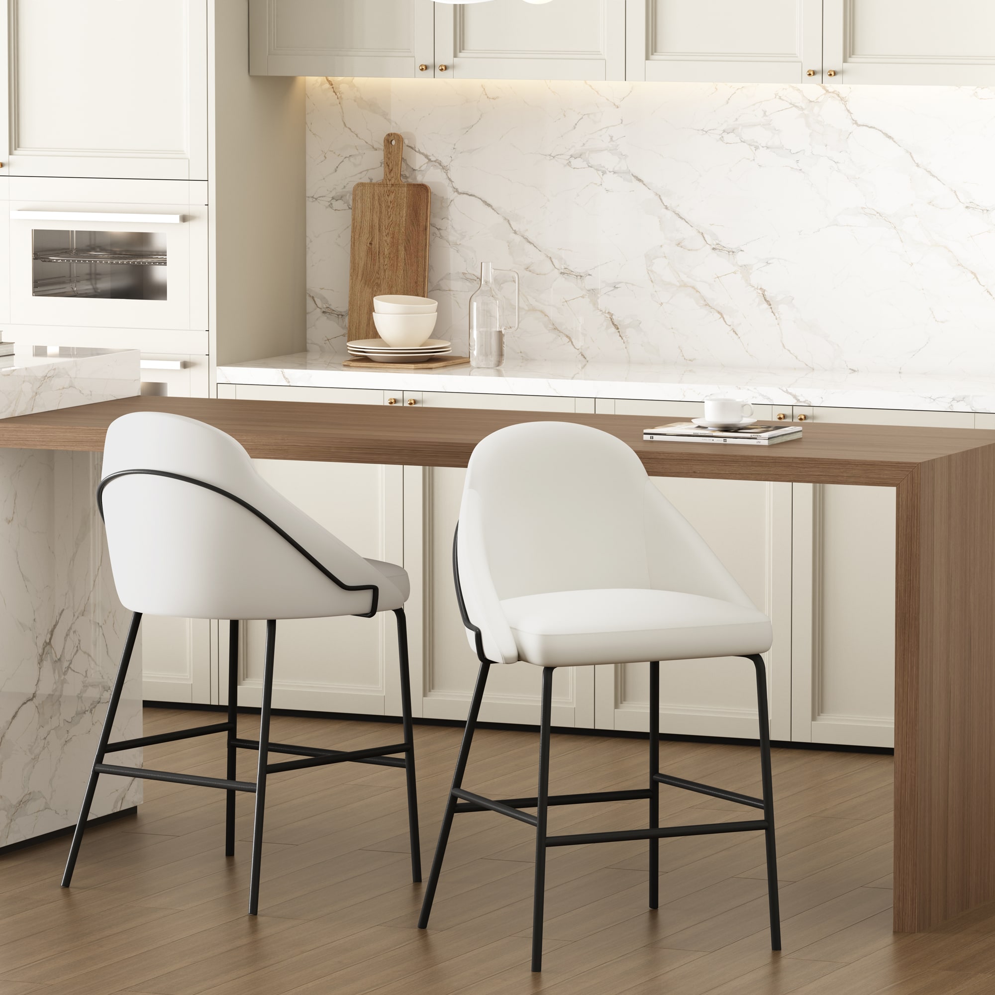 Manhattan Comfort 2-CS019-BWH Gracie 2 -Set White and Black 26-in H Counter height Square seat Upholstered Metal Bar Stool and Back