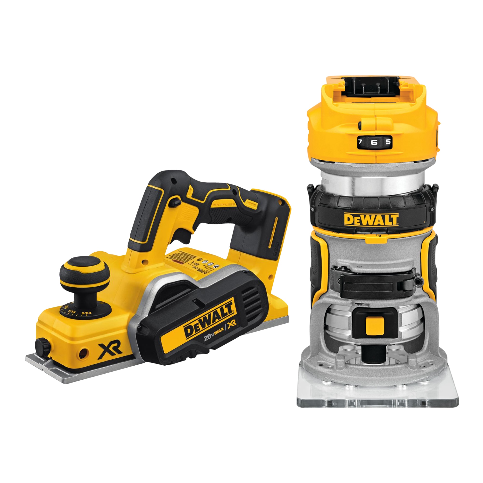 DEWALT XR 3.25-in W 20-volt Max Handheld Planer & 1/4-in-Amp-HP Variable Speed Brushless Fixed Cordless Router (Tool Only)