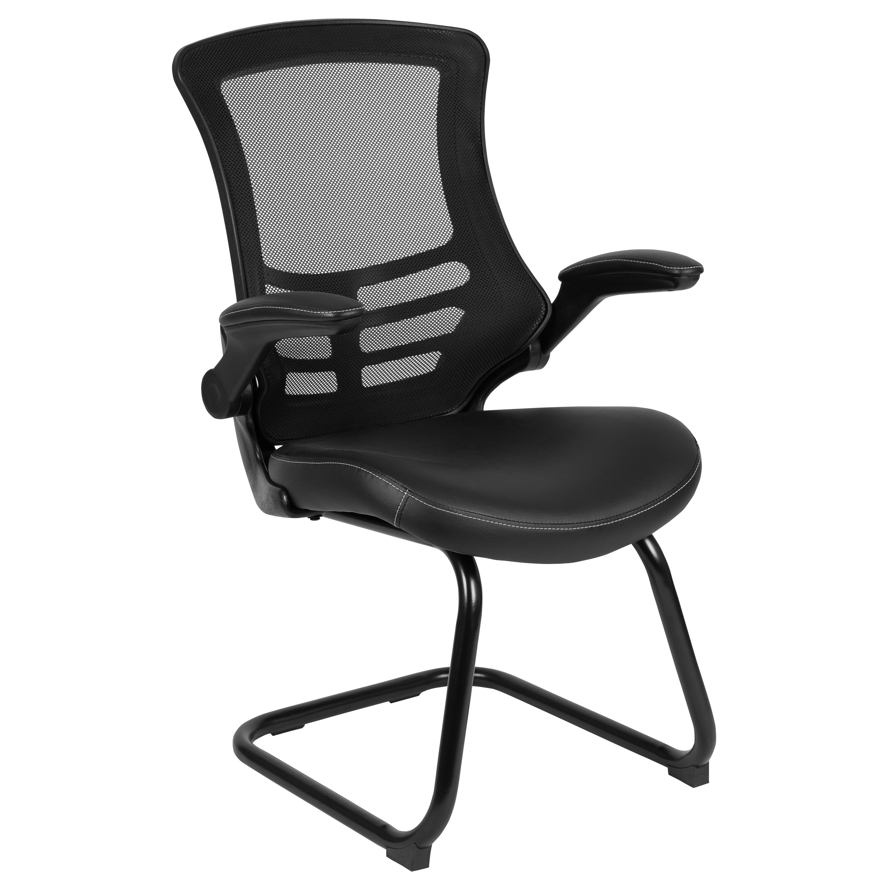 Emma + Oliver Black Mesh Sled Base Side Reception Chair with LeatherSoft Seat and Flip-Up Arms