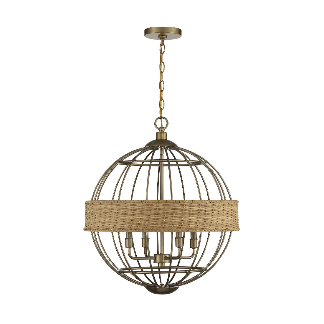 4-Light Warm Brass with Natural Rattan Farmhouse Globe Hanging Pendant ...