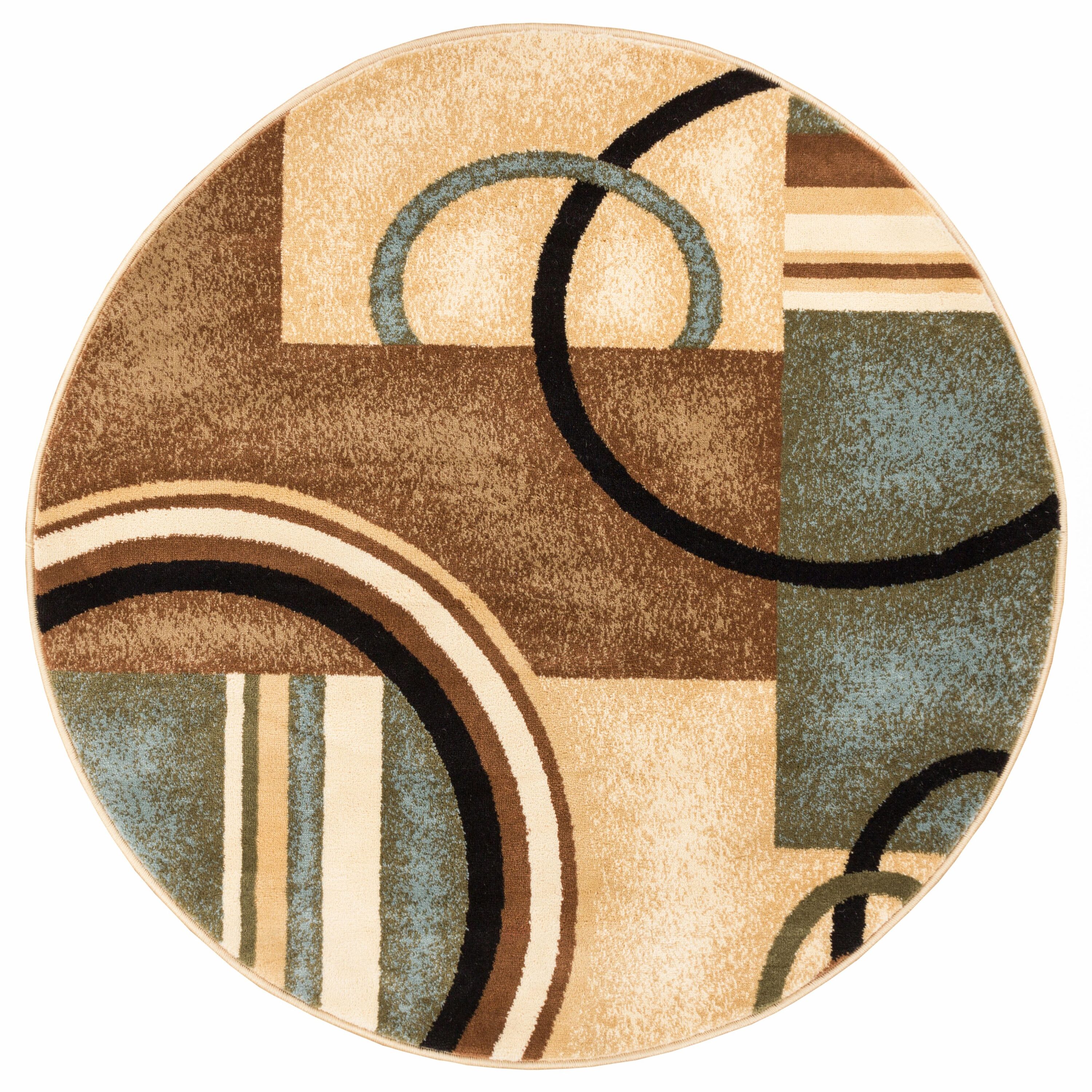 Light Blue and Beige Round Geometric Synthetic Area Rug