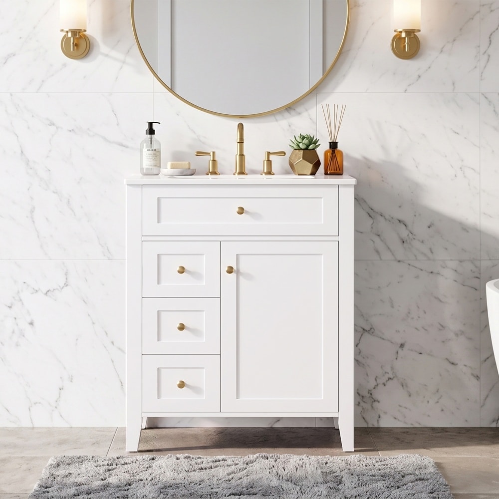 JUJABU White 24in Modern Bathroom Vanity with Ceramic Sink Soft-Close Door Storage Rack for Bathroom
