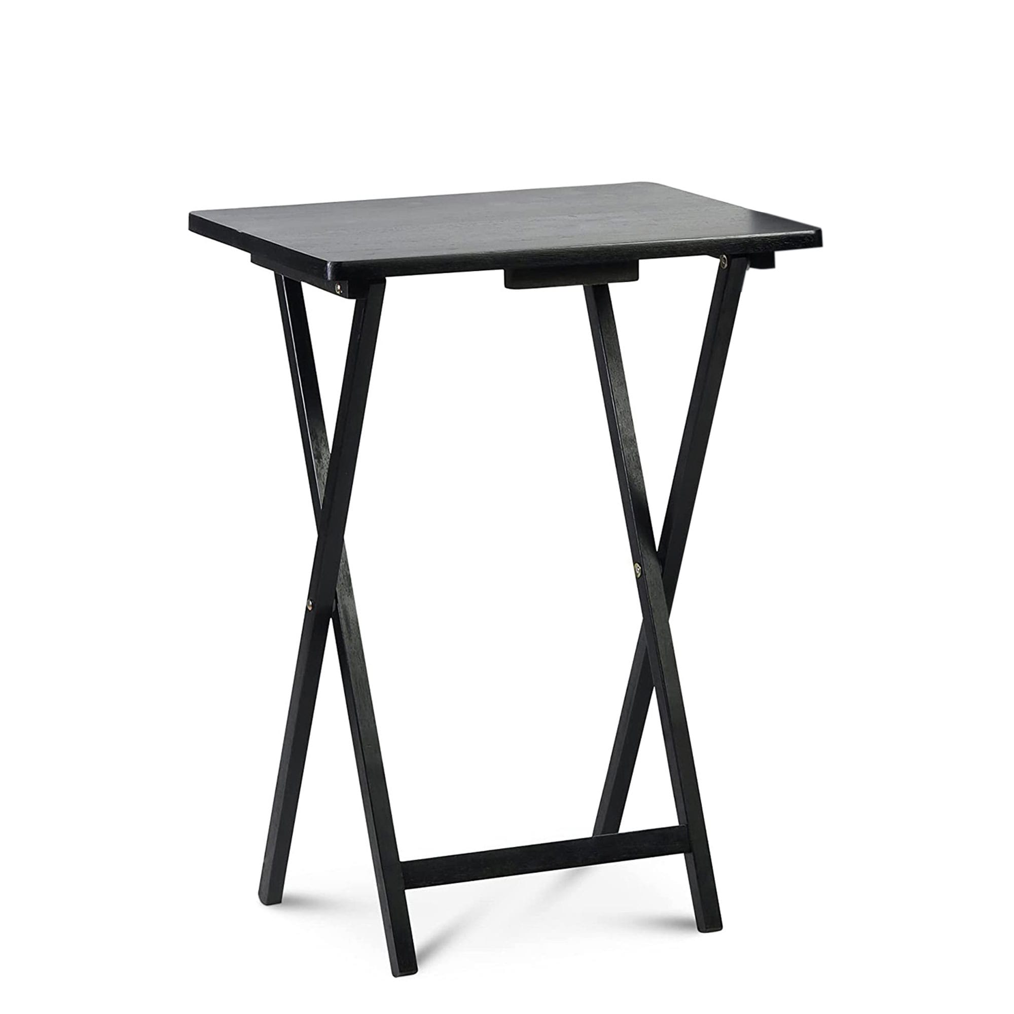 Sleek Black Solid Wood Collapsible TV Tray Set with Storage Rack, 5-Piece