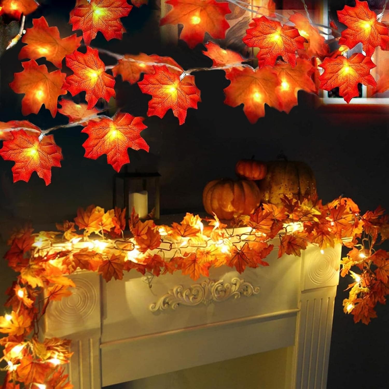 Segrass Fall Garland with Warm White LED Lights 2-Pack 20Ft 40 LED Battery Operated Waterproof Autumn Maple Leaf String Lights for Indoor Outdoor Halloween Thanksgiving Decor
