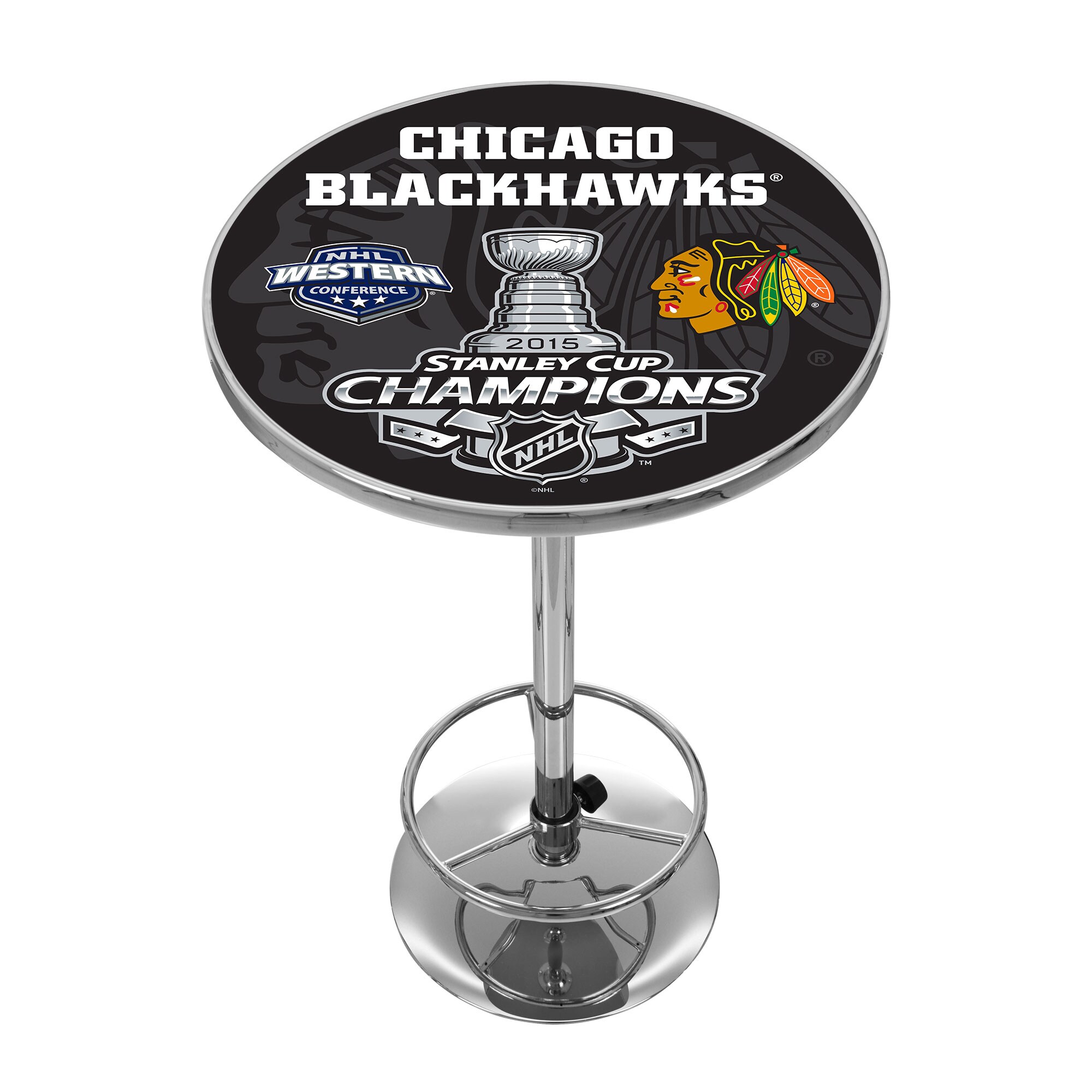 Trademark Gameroom NHL2000-CBH-SC15 Chicago Blackhawks Pub Tables Chrome Round Traditional Bar Table, Composite with Metal Pedestal Base 27.375-in L x 42-in H