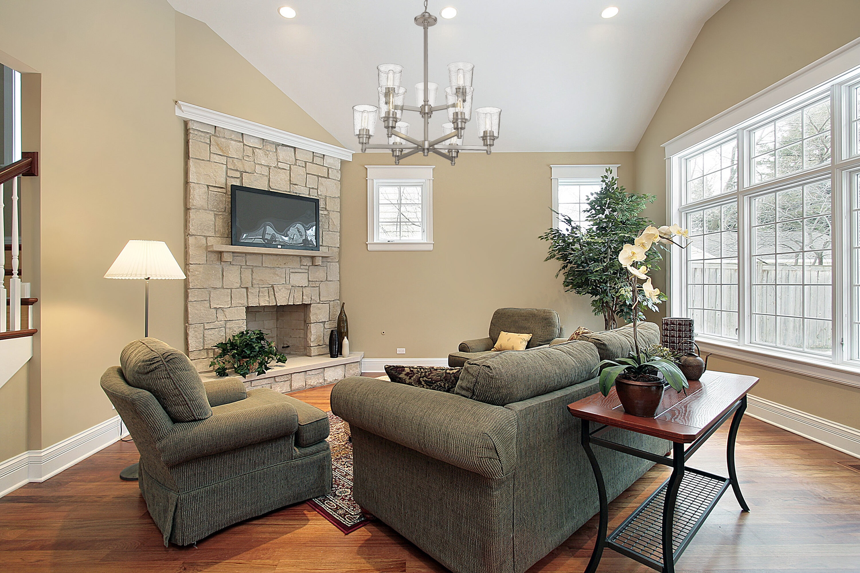 Luxurious Brushed Nickel 9-Light Chandelier with Clear Seedy Glass Shades