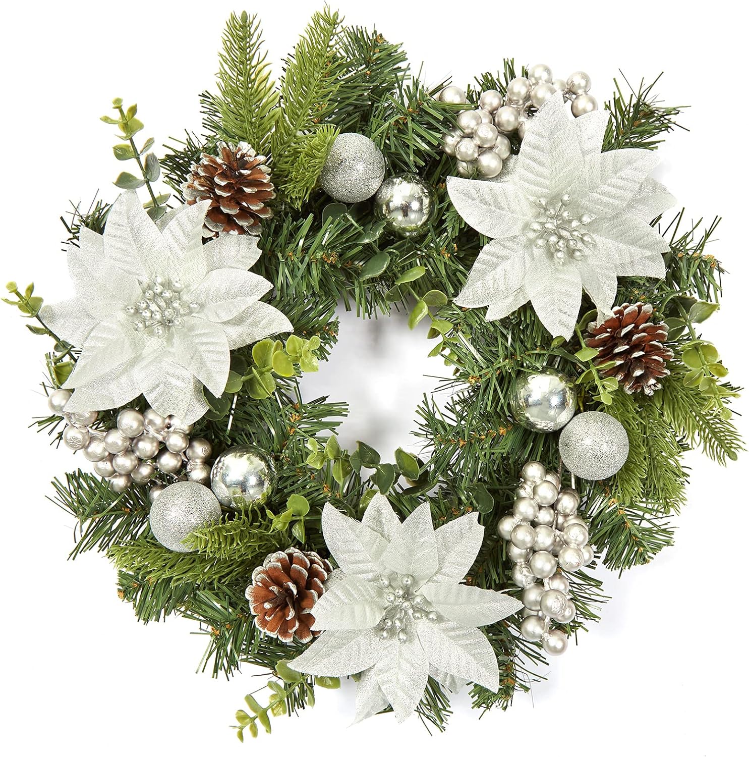 Garvee - 16-in Silver Christmas Wreath with Balls Flowers Pine Cones for Fireplace Wall Window Ta...