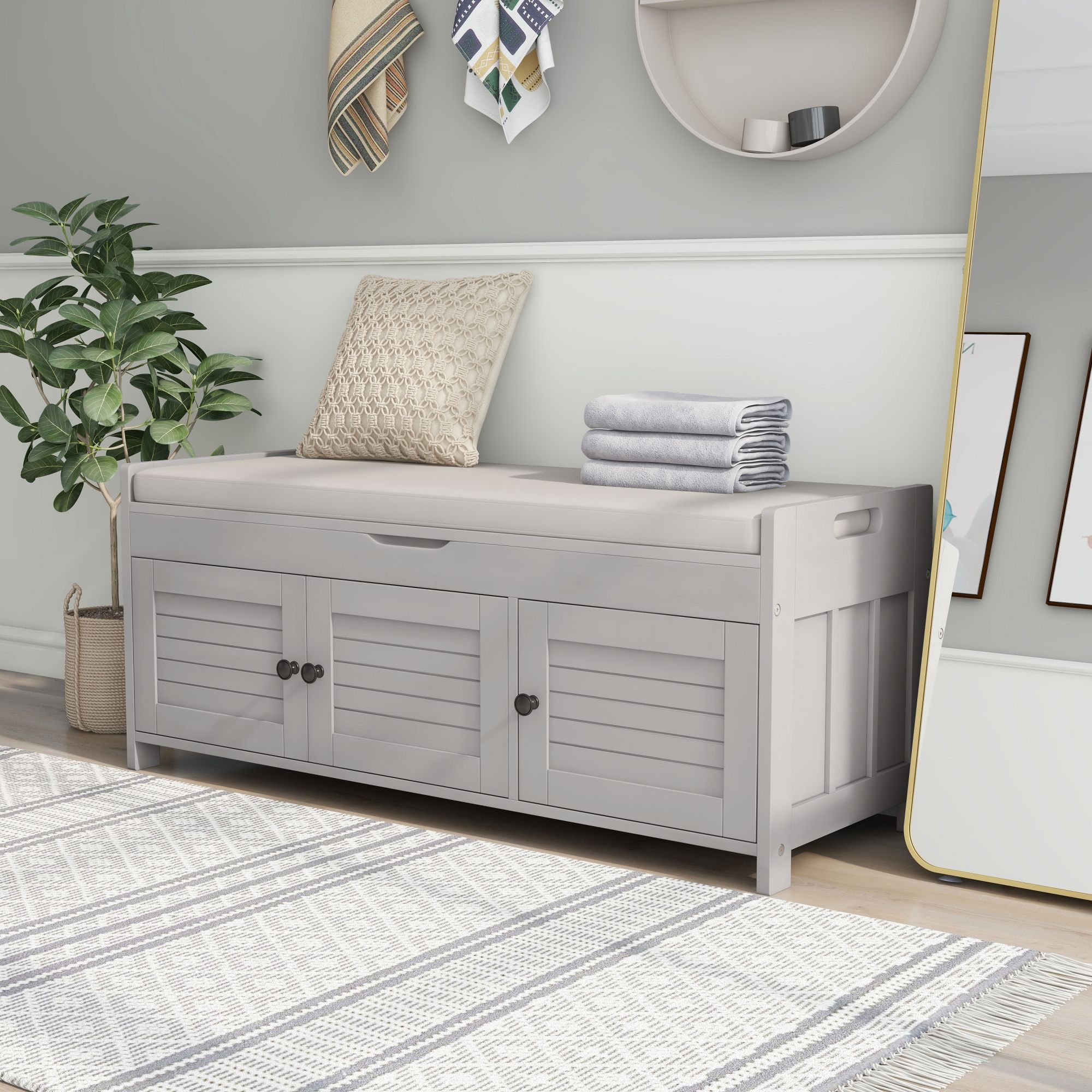 Qualler TRAPR0529E Modern Gray Wash Storage Bench with Storage 43.5-in x 16-in x 18-in