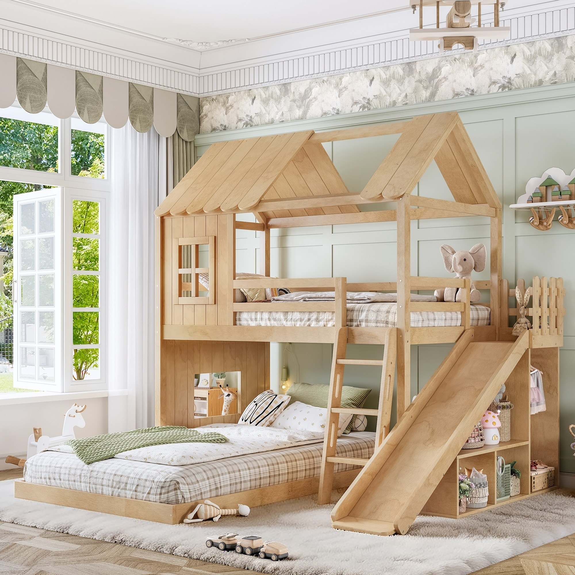 UOI Twin over Full Natural House Bunk Bed with Ladders and Slide  Playhouse Design with Storage Shelves and Wardrobe