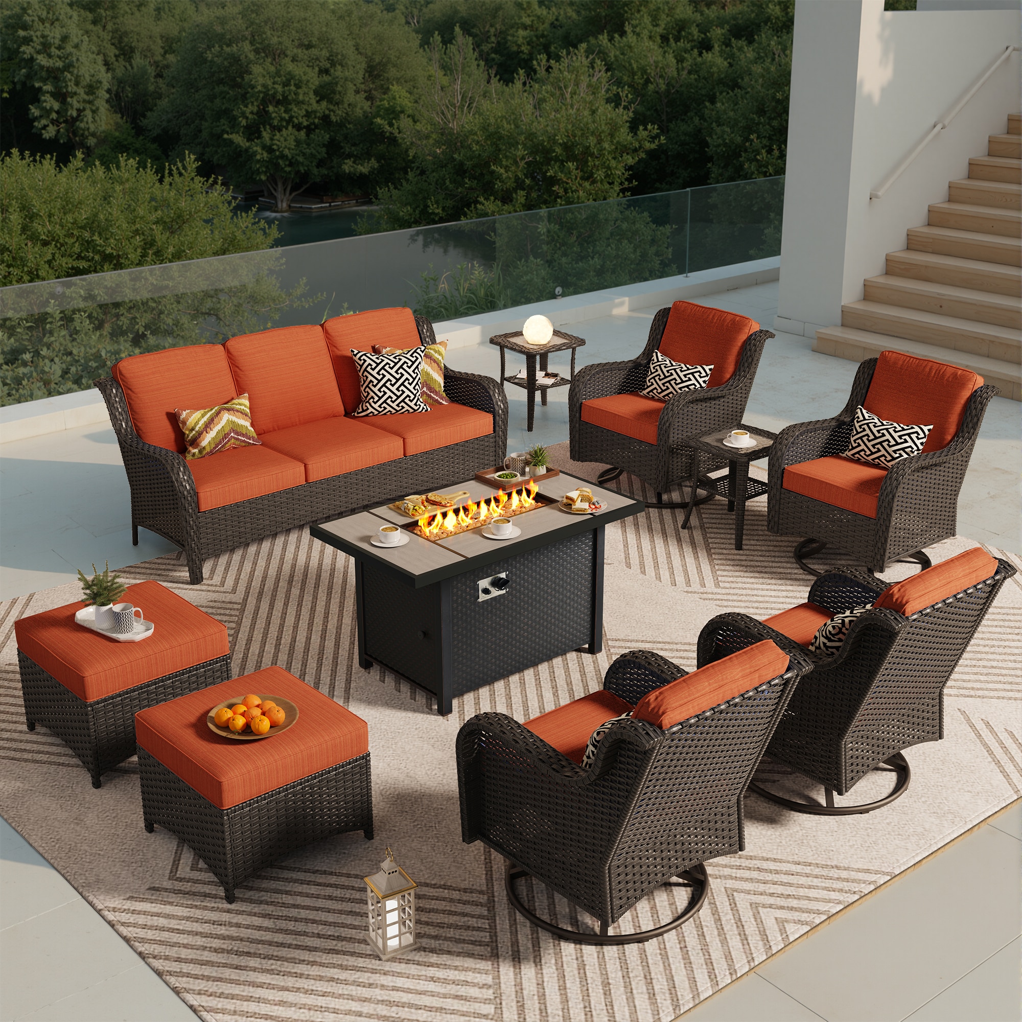 Pouuin SCFPYZNTC8-9 10 -Piece Wicker Patio Sofa Conversation Set with Orange Cushions
