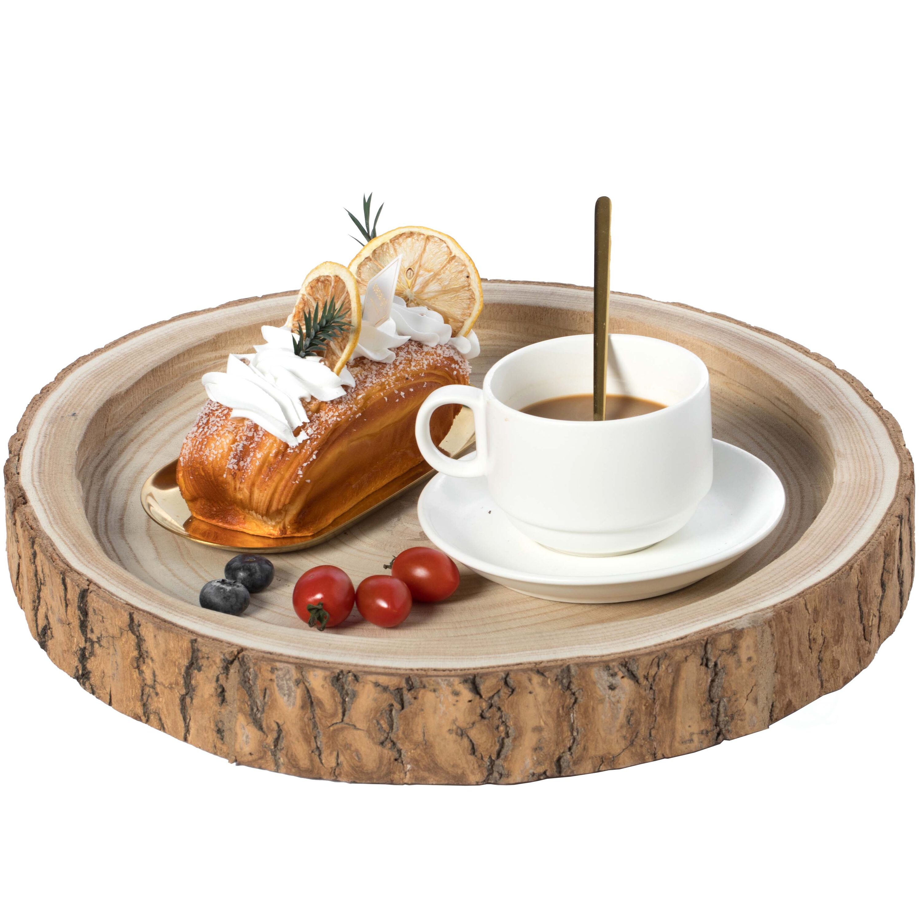 Round Wood Tray with Bark Edge