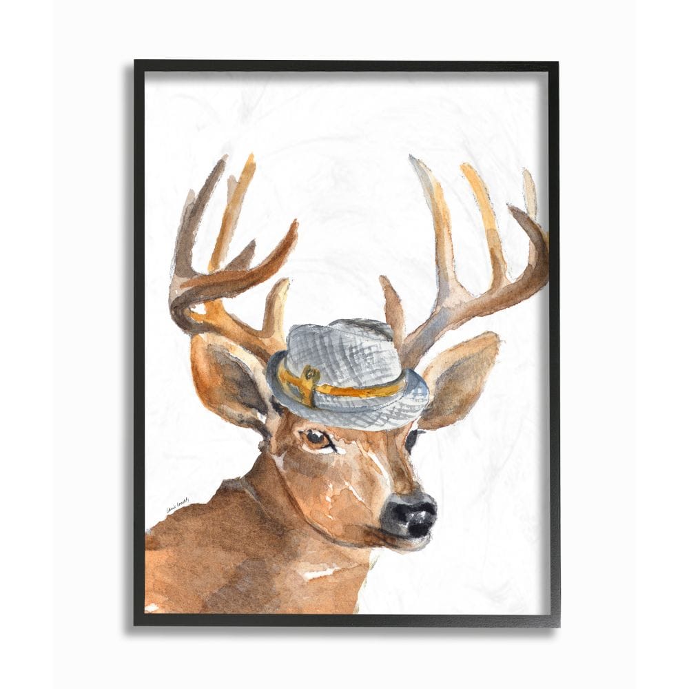 Stupell Industries AAP-386-FR-24X30 Funny Hat Fashion Deer Animal Watercolor Painting Lanie Loreth Framed 30-in H x 24-in W Animals Print