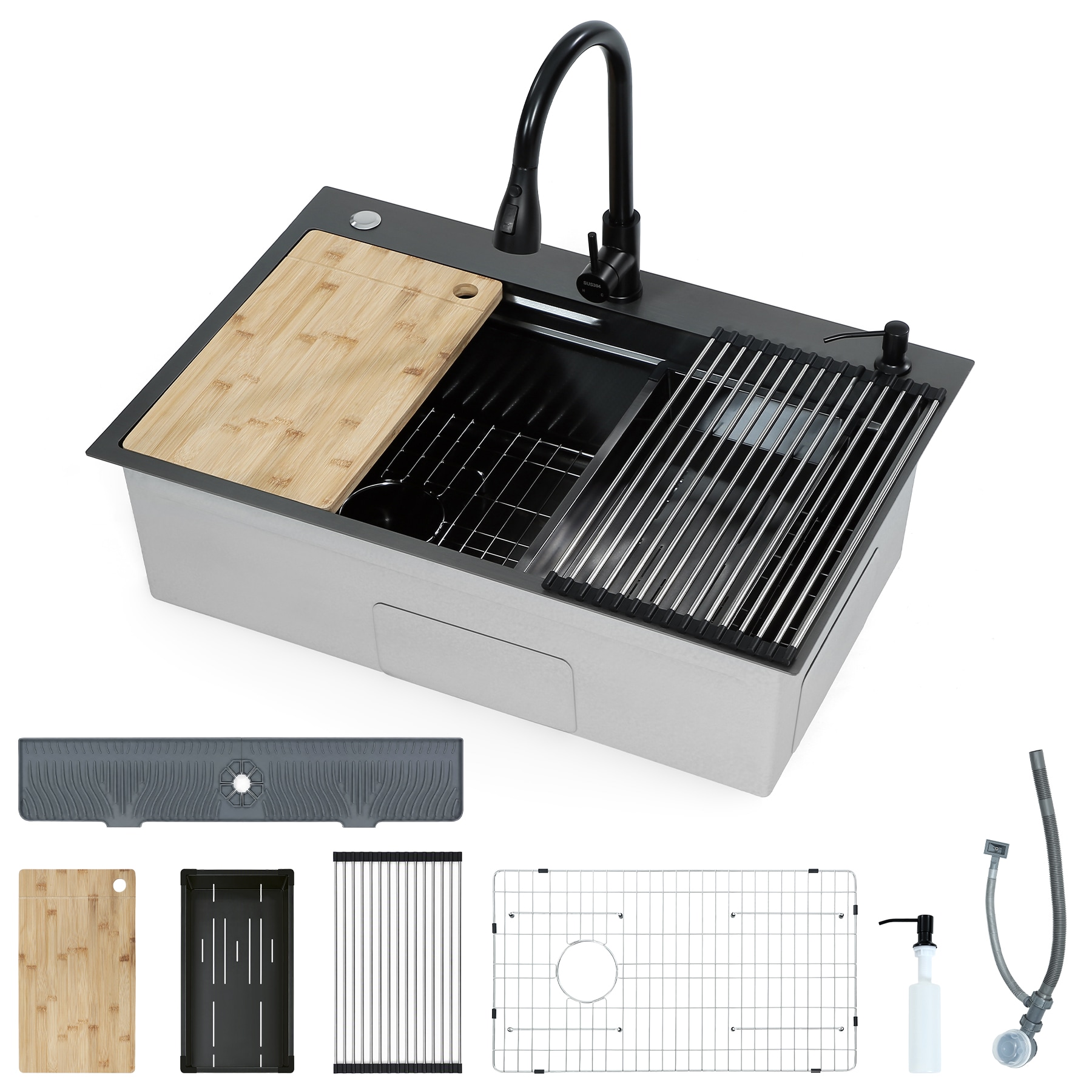 Tribesigns 30x22 inch Drop In Kitchen Sink 10 inch D Stainless Steel Sink with Faucet Single Bowl Kitchen Sink Topmount Workstation Sink Nano Coating Honeycomb Embossed 304 with Multiple Accessories Black #LWOYJL-2155YY