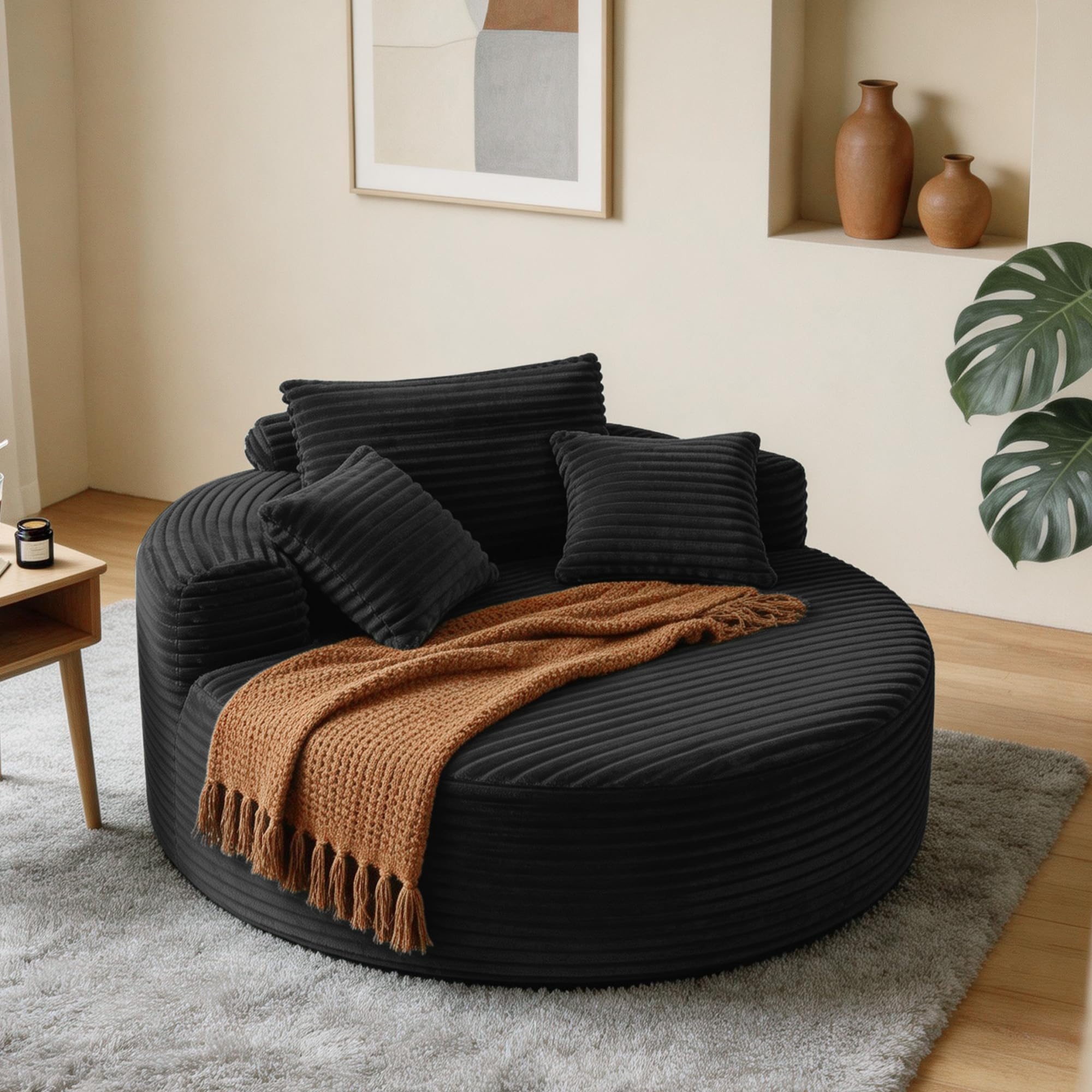 GarveeLife 55-inch Oversized Round Indoor Chaise Lounge Chair with 3 Pillows Black