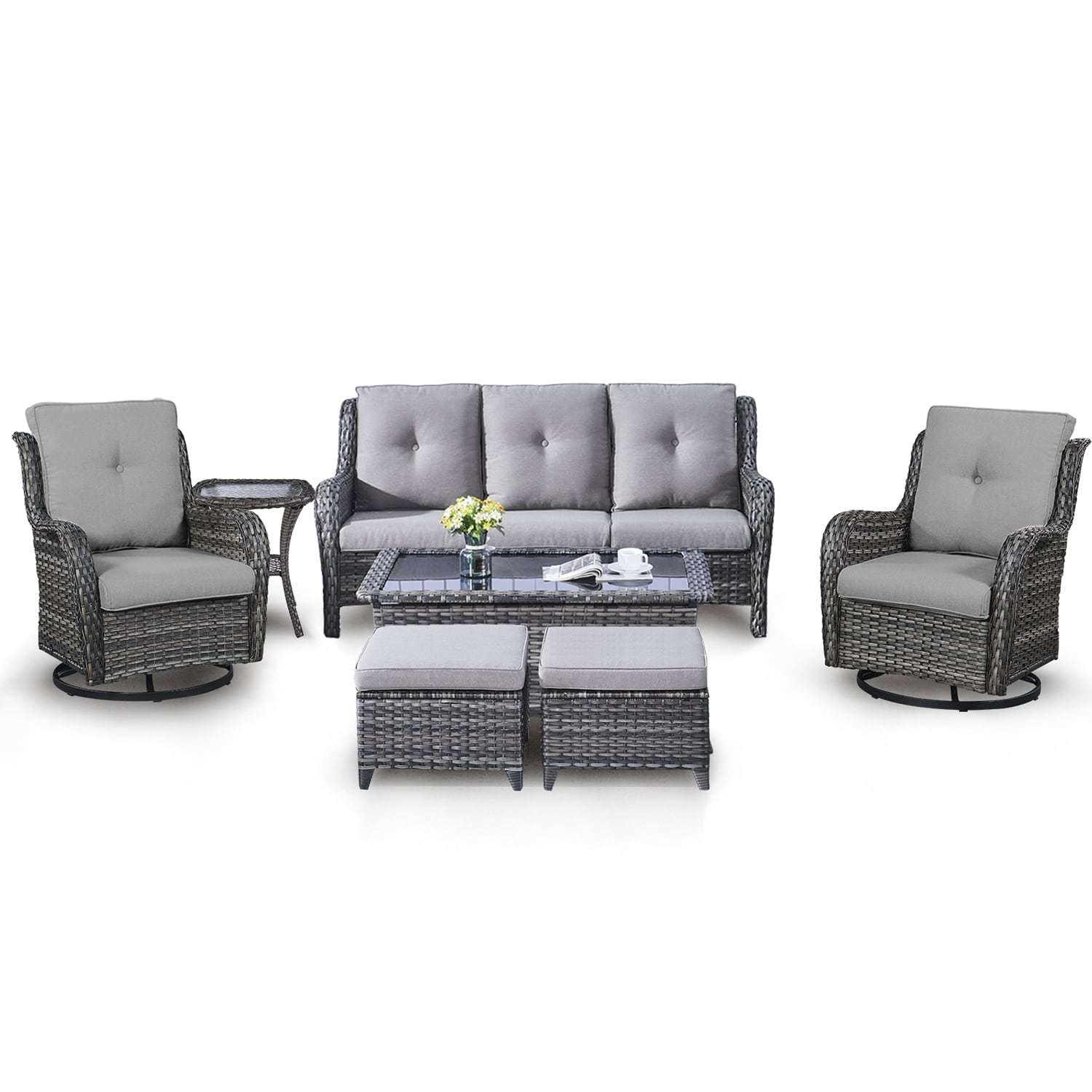 Curved Handrail 7-Piece Wicker Patio Conversation Set with Gray Cushions | - Rilyson FS015019026024016-2