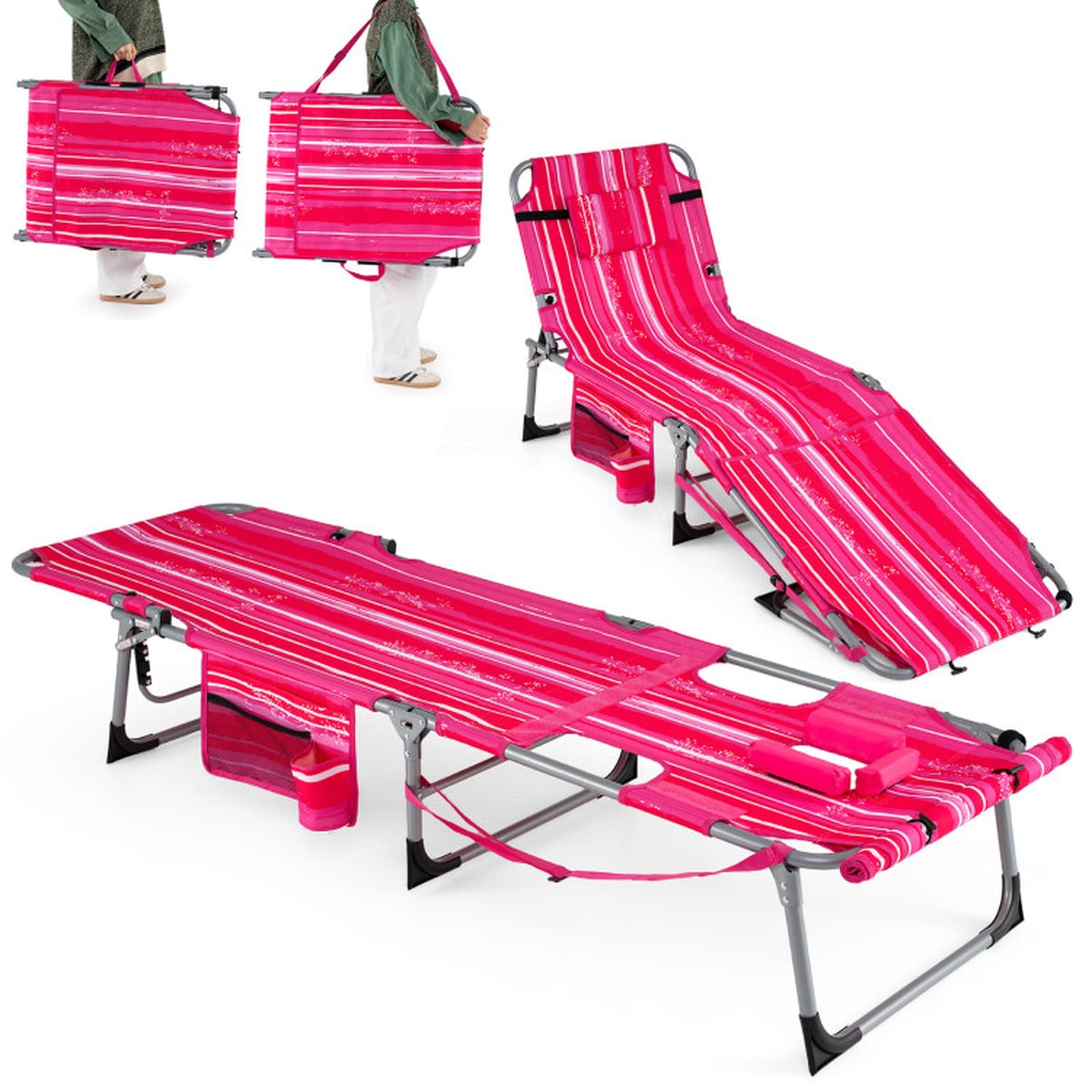SUGIFT 2-pc Tanning Chair Set with Face Hole and Arm Openings Portable Folding Sunbathing Lounge Chair 4-Level Backrest 330-lb Capacity Pink Stripe