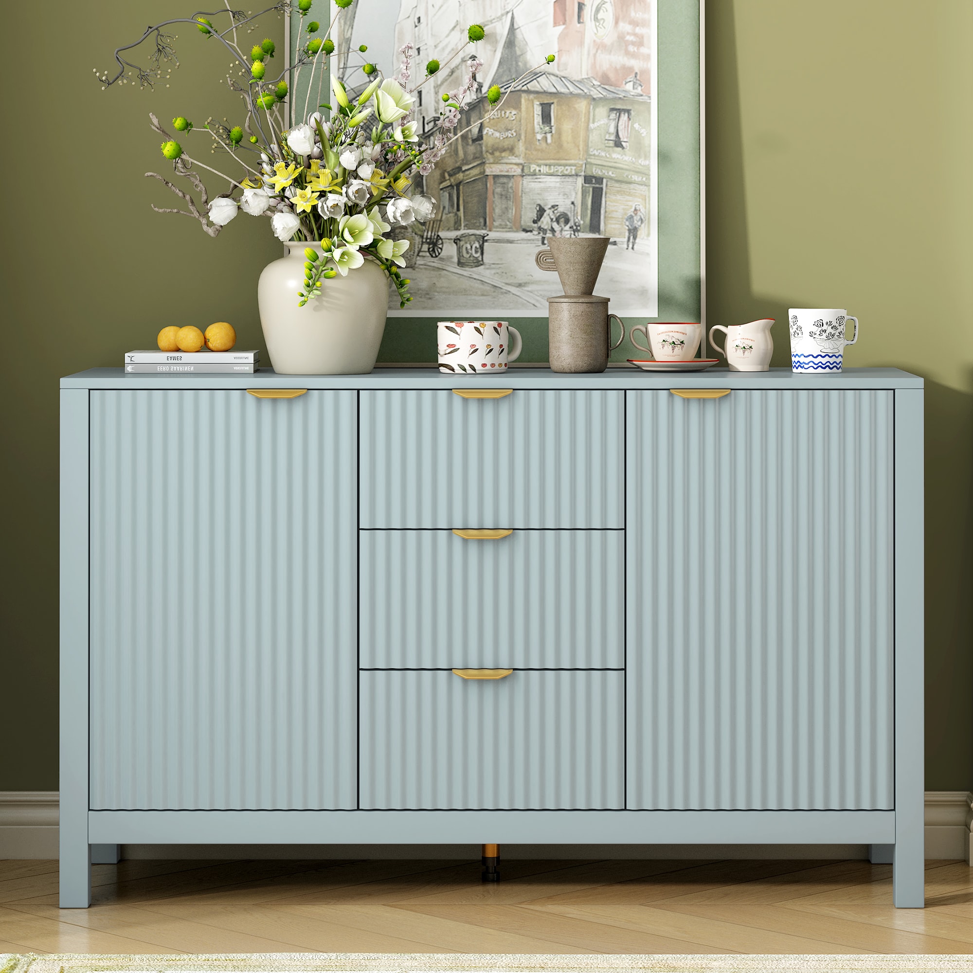 Cyan 3 -Drawer 47.2-in Wood File Cabinet Filing Cabinet Office Storage Cabinet Kitchen Pantry Cabinet Storage Console Table with Adjustable Shelves