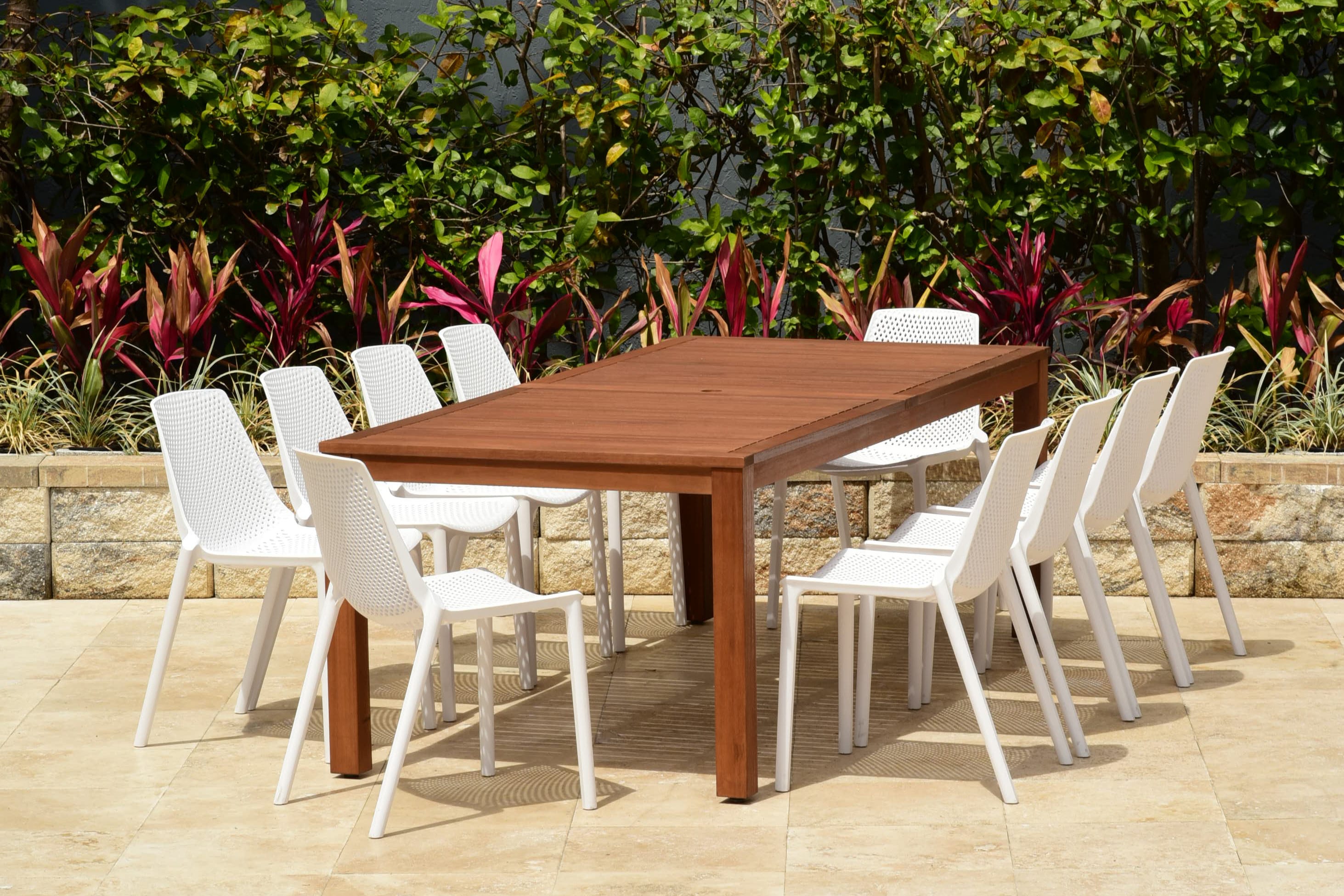 Amazonia SC ALAMA10VALSIDEWHT Outdoor 11 -Piece Brown Patio Dining Set Wood Rectangle Table with 10 Stackable Stationary Chairs