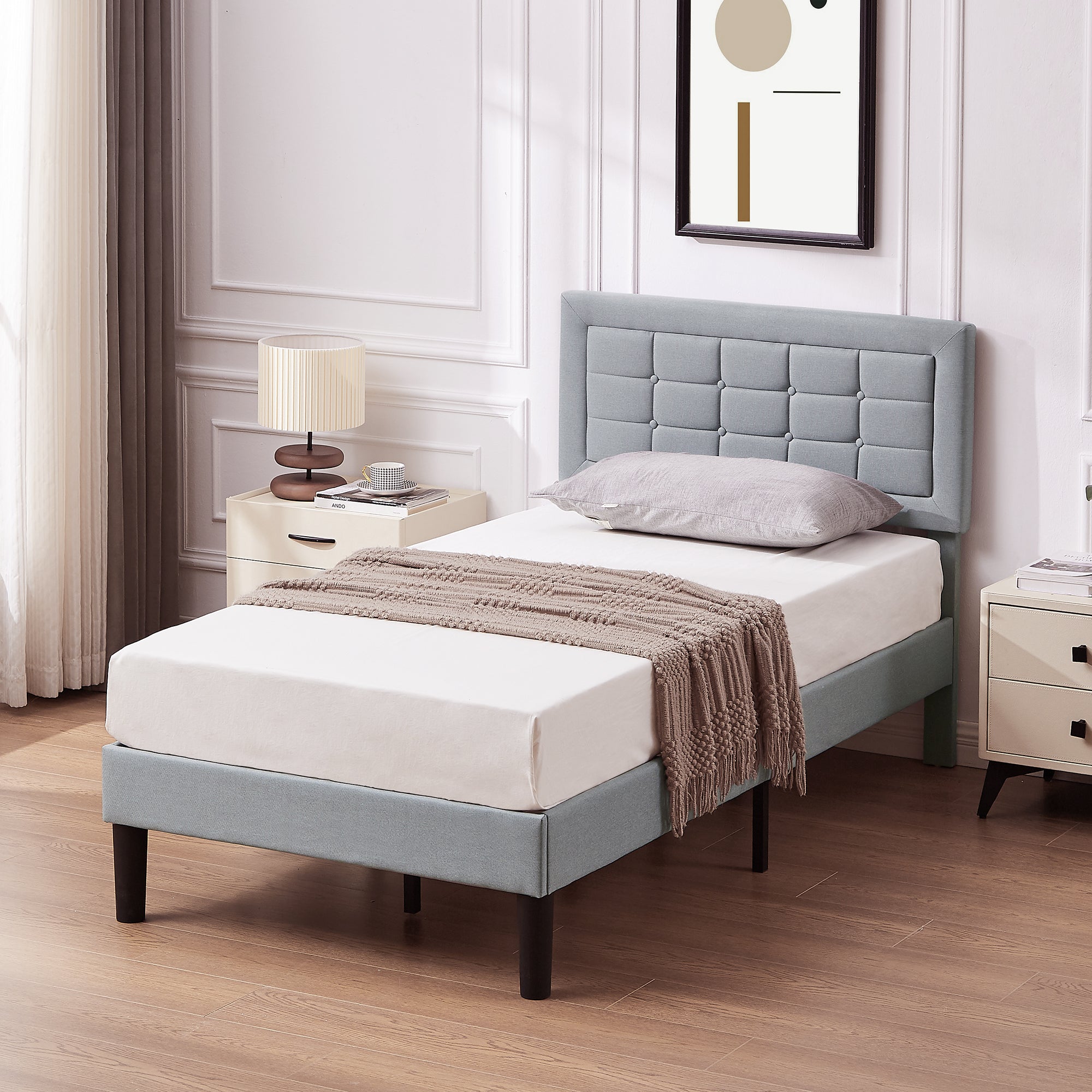 Vecelo LOE-BTJ-RT01-LGRY Twin Size Bed Frame with Light Gray Adjustable Headboard Upholstered Platform Bed frame with Wood Slats Support