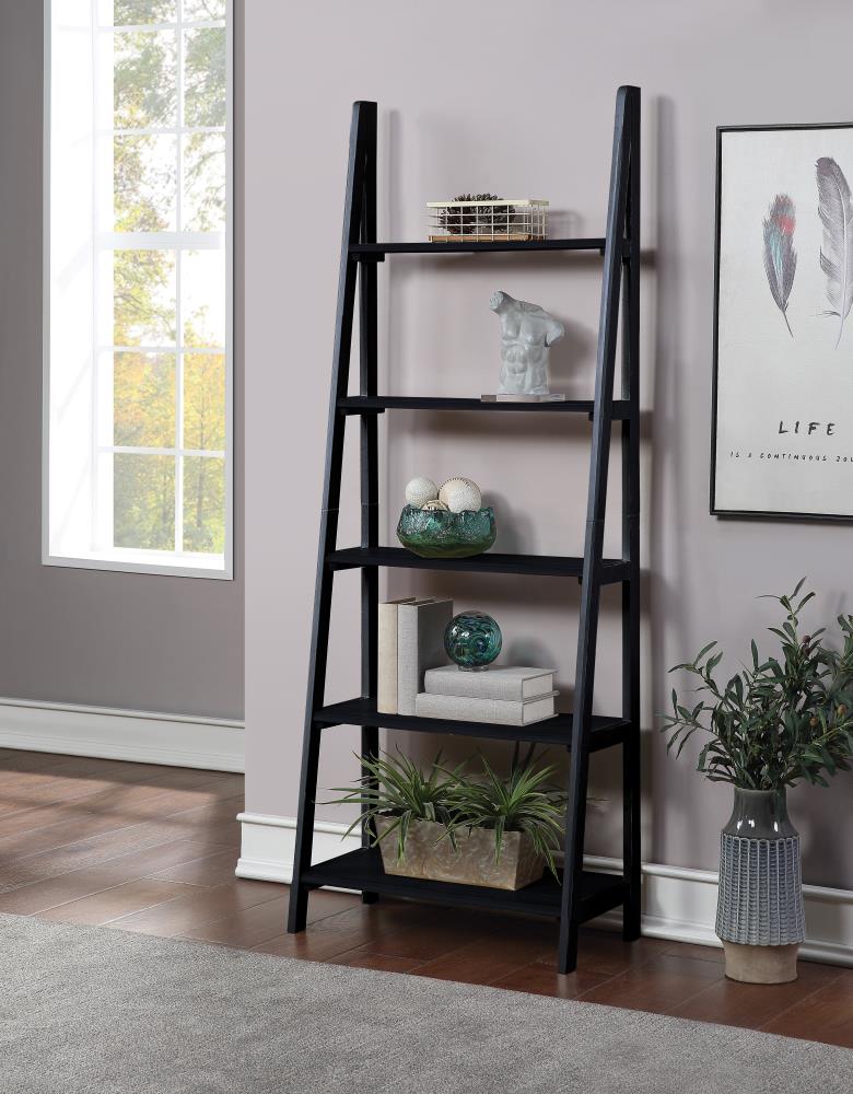 Black Wood 5 Shelf Ladder Bookcase, Asher Ladder Bookcases