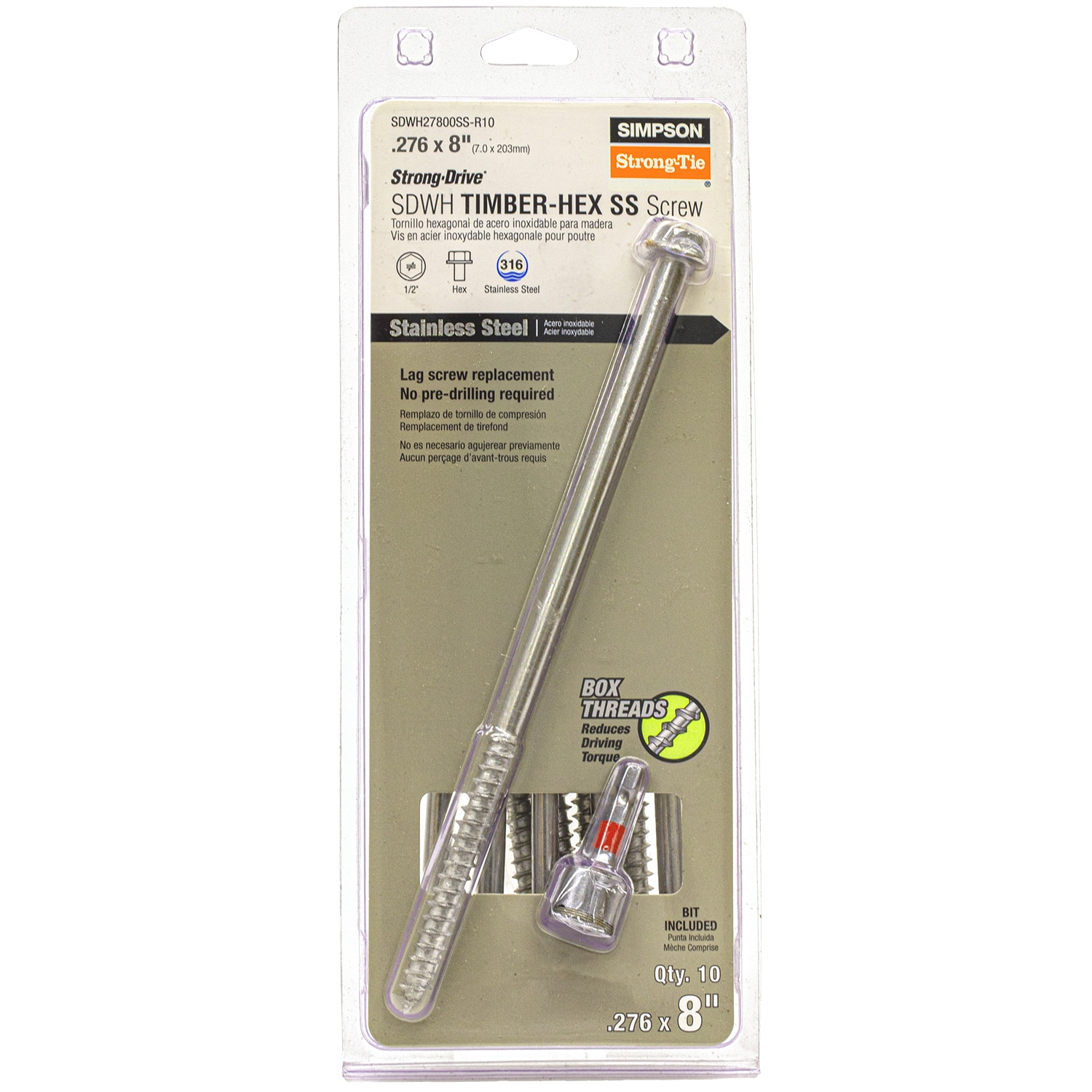 Simpson Strong-Tie Strong-Drive SDWH 0.276-in x 8-in Stainless steel Exterior Structural wood screws 10 -Per Box