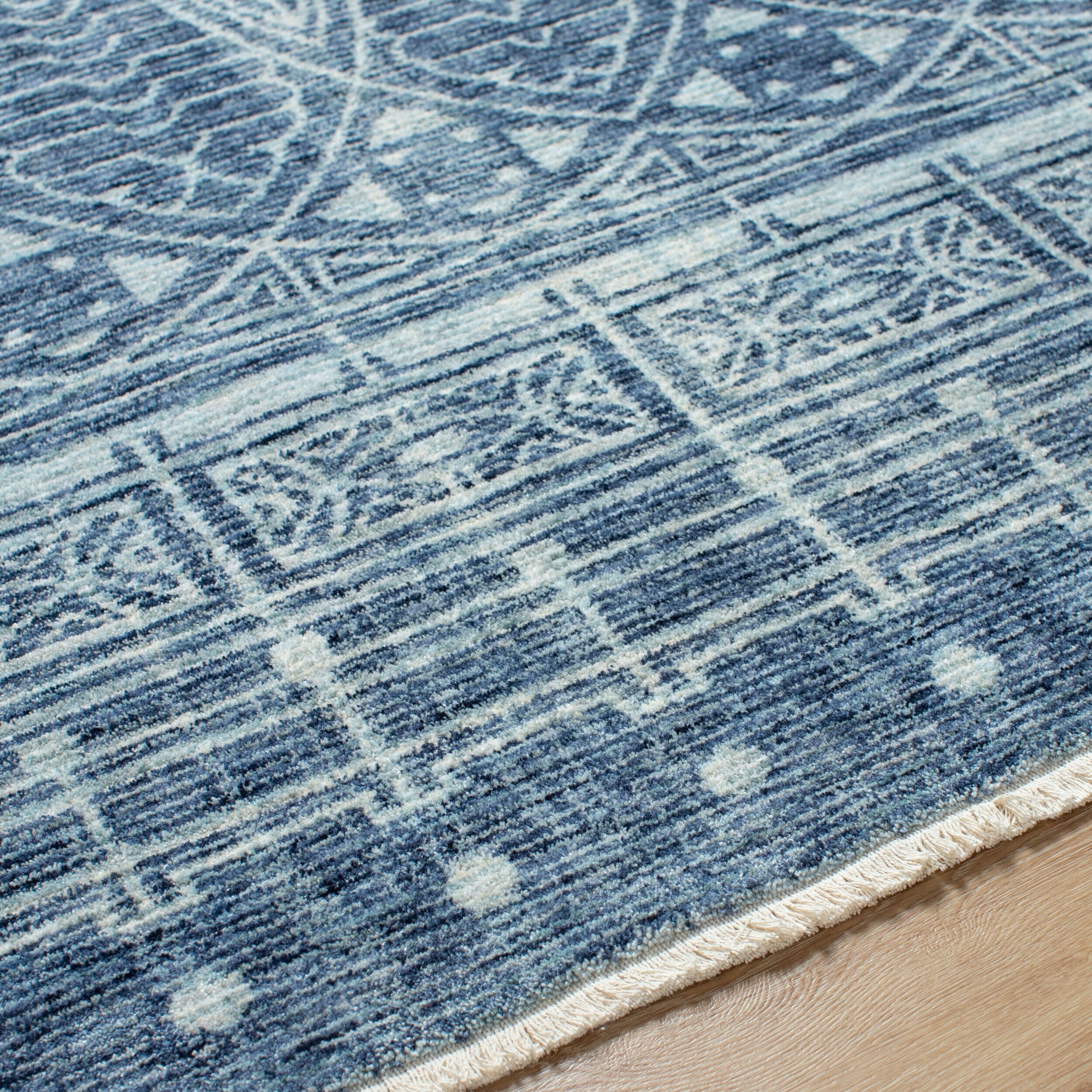 Blue and White Geometric Pattern Rectangular Rug