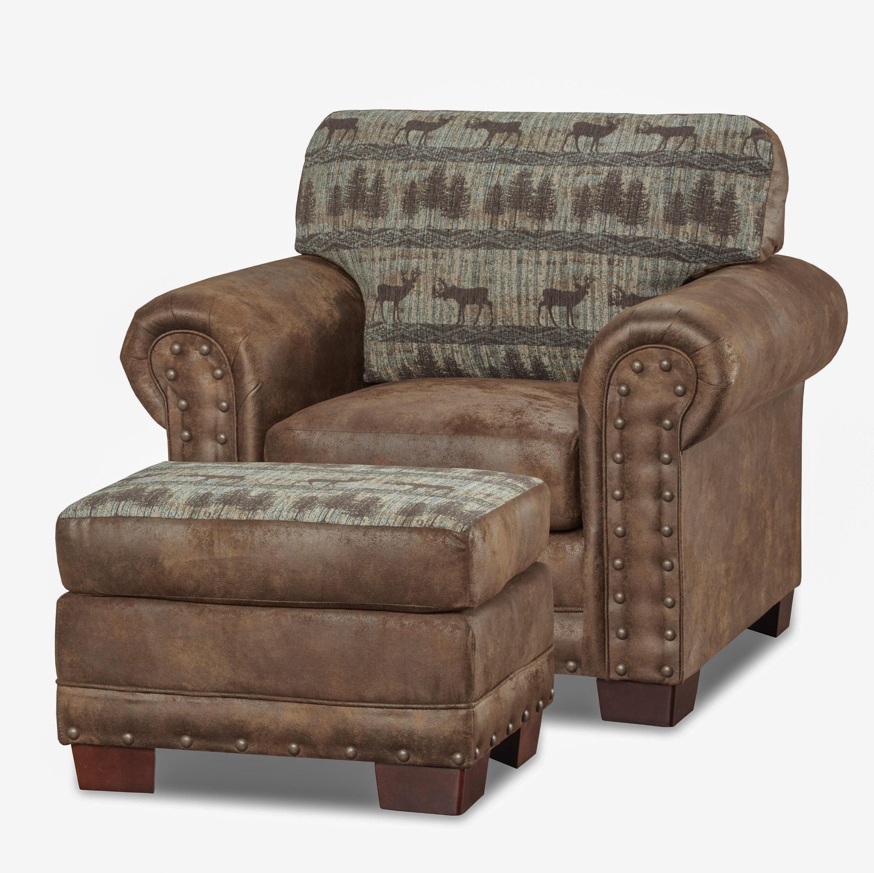 Brown Microfiber and Wood Rustic Accent Chair with Ottoman