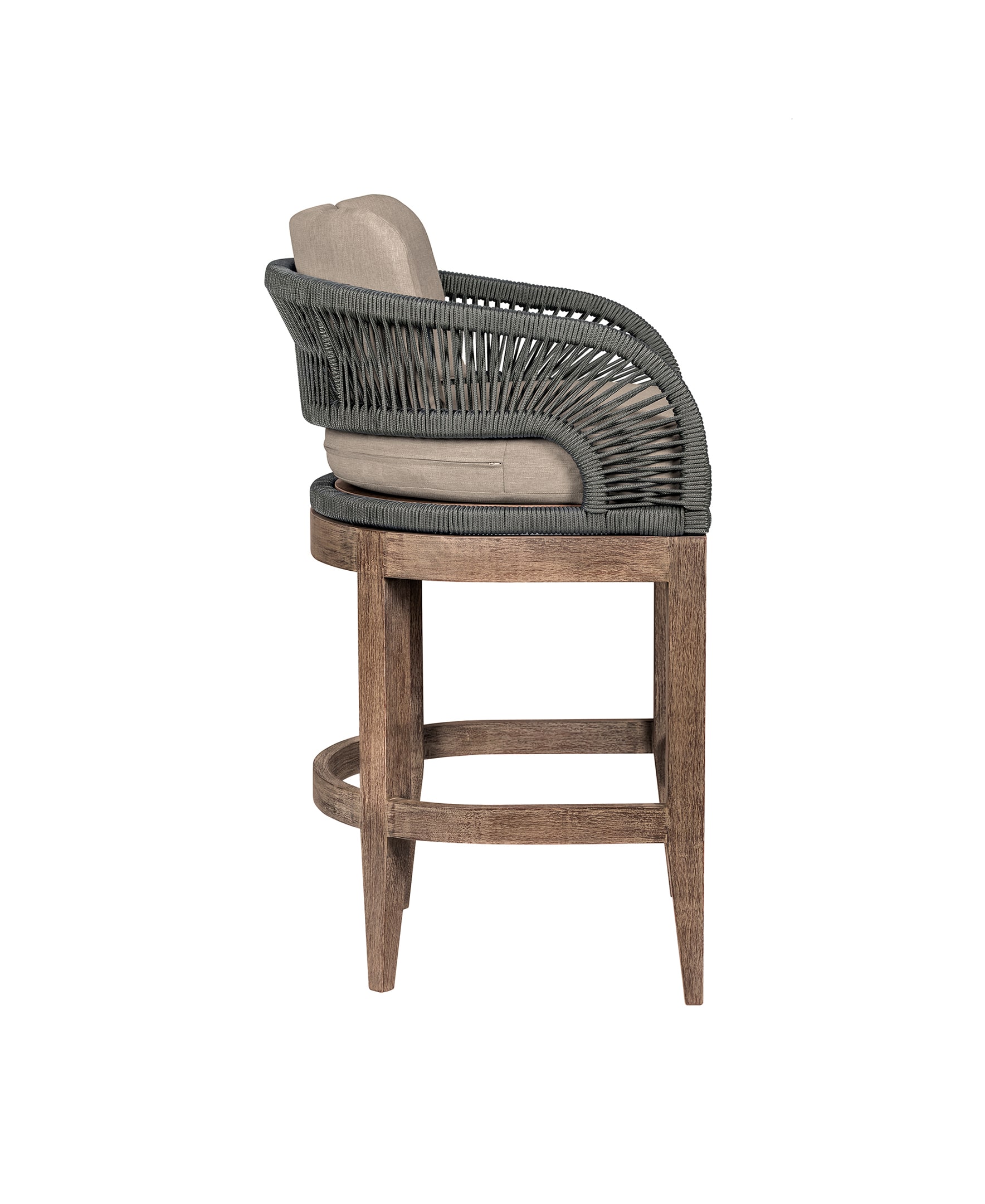 26" Weathered Eucalyptus Outdoor Counter Stool with Gray Rope and Taupe Cushions