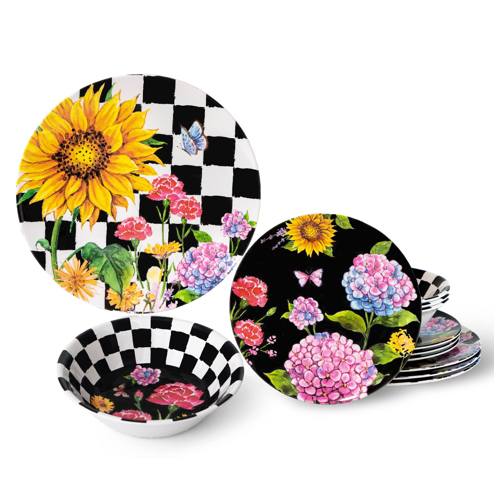 Aoibox  Sunflower 12 Piece Plaid Floral Black Melamine Dinnerware Set Plates and Bowls Service for 4