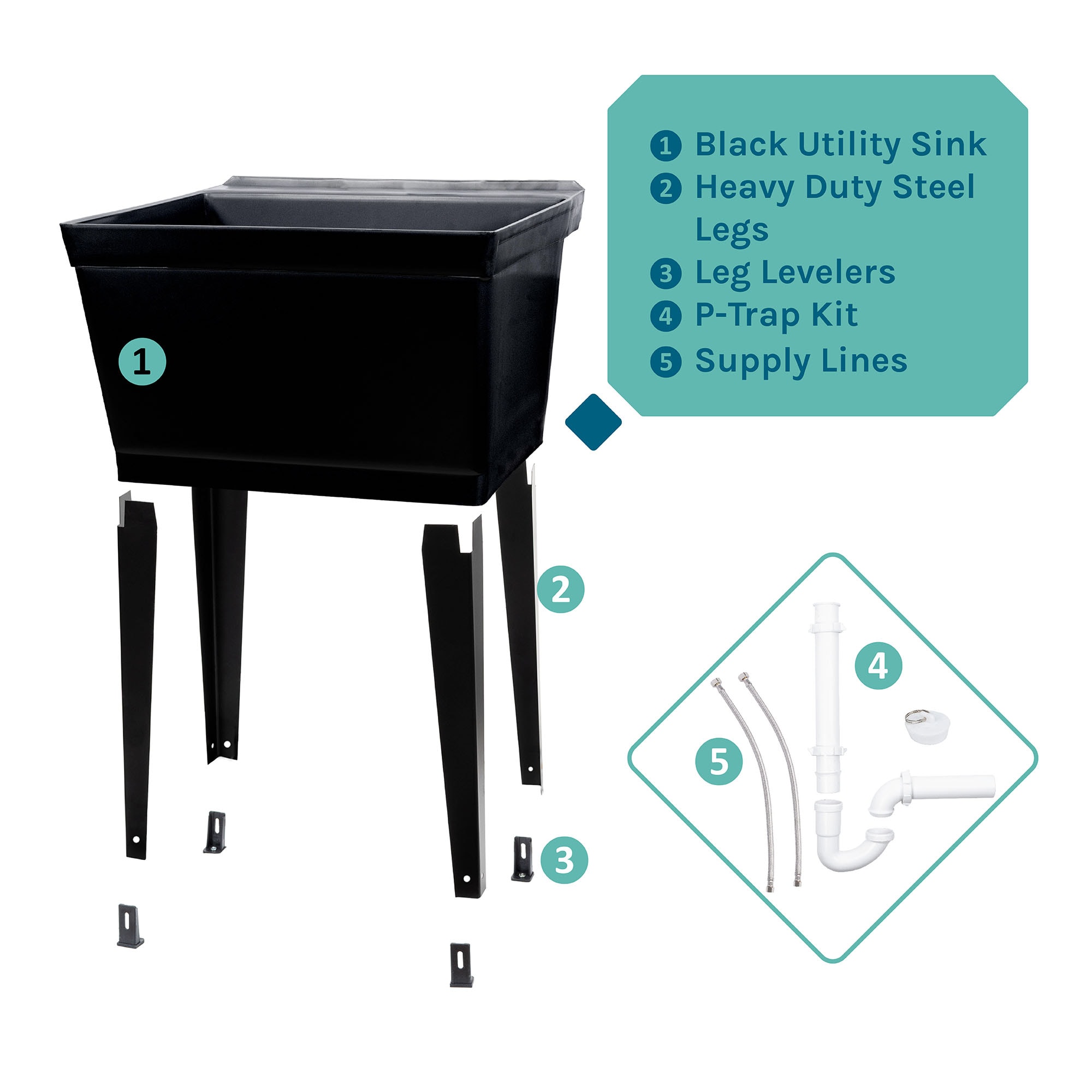 Black Freestanding Polypropylene Utility Sink with Metal Legs